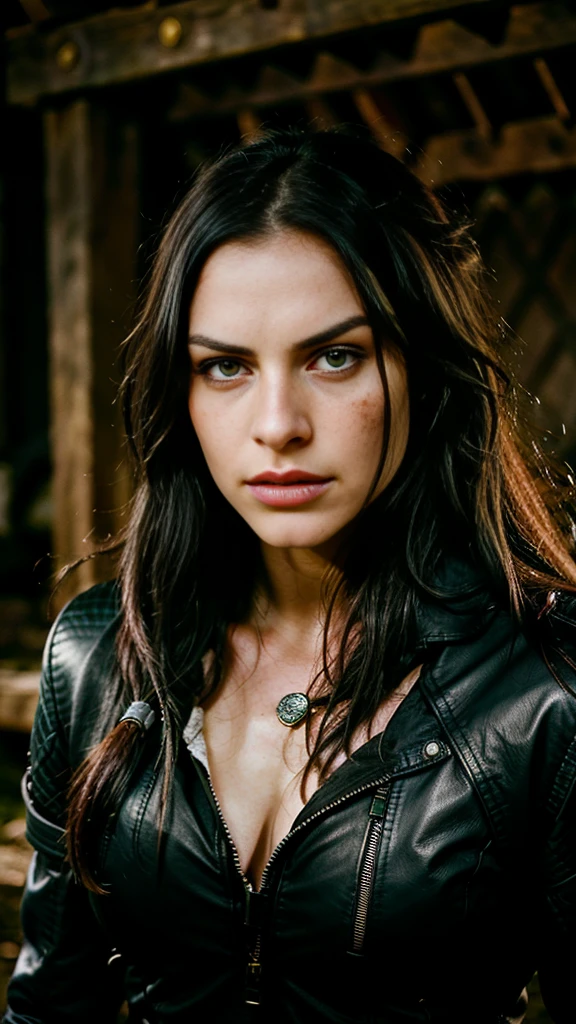 beautiful warrior with long black hair, Ela se parece com Yennefer de The Witcher, She wears a leather jacket , your face is stained with blood and freckles, His skin is white, and his expression is angry, very sexy, cute, beautiful, hyper realistic 