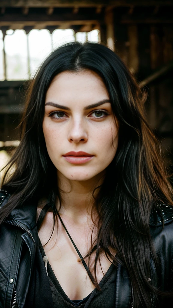 beautiful warrior with long black hair, Ela se parece com Yennefer de The Witcher, She wears a leather jacket , your face is stained with blood and freckles, His skin is white, and his expression is angry, very sexy, cute, beautiful, hyper realistic