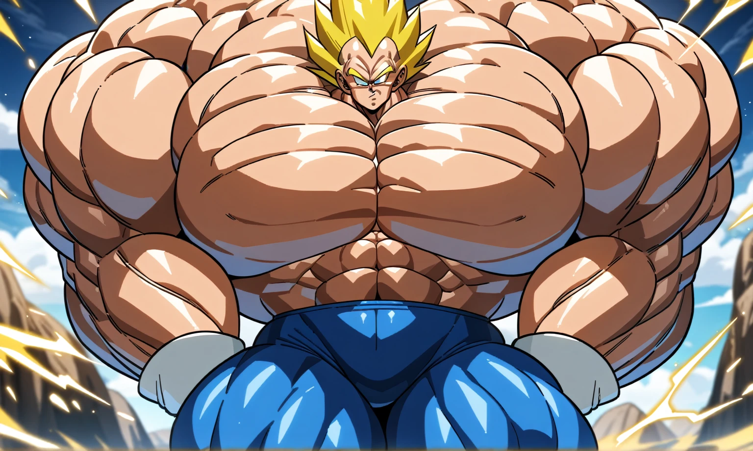 1boy, Vegeta, from Dragon Ball Z, masterpiece, best quality, very aesthetic, absurdres, saiyan, green eyes, spiked hair, (yellow hair:1.5), shirtless, blue skintight pants, white gloves, (huge muscles:3), dragonballartstyle, in the style of Akira Toriyama, white tiled floor, outdoors, flat-top mountains, nipples, yellow aura, electricity, (thick thighs:2.5)