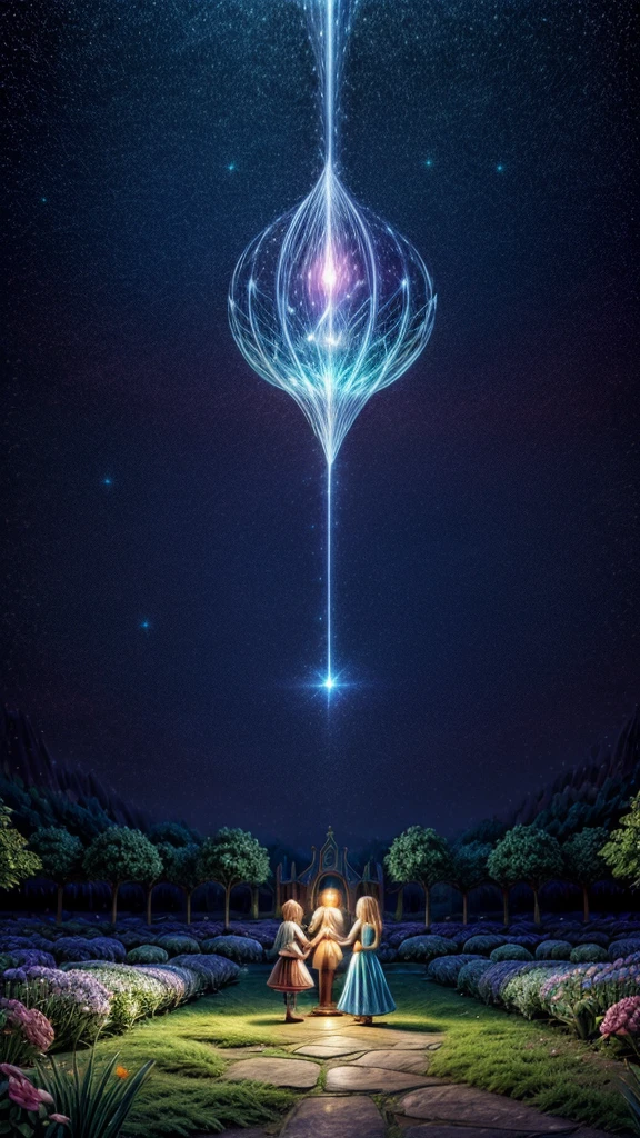 realistic image, people reflecting in an enchanted spiritual dimension, pulsating glow, beings of light in the starry sky, blue and gold light, magical stars, an enchanted garden, inspired by Alice from Wonderland
