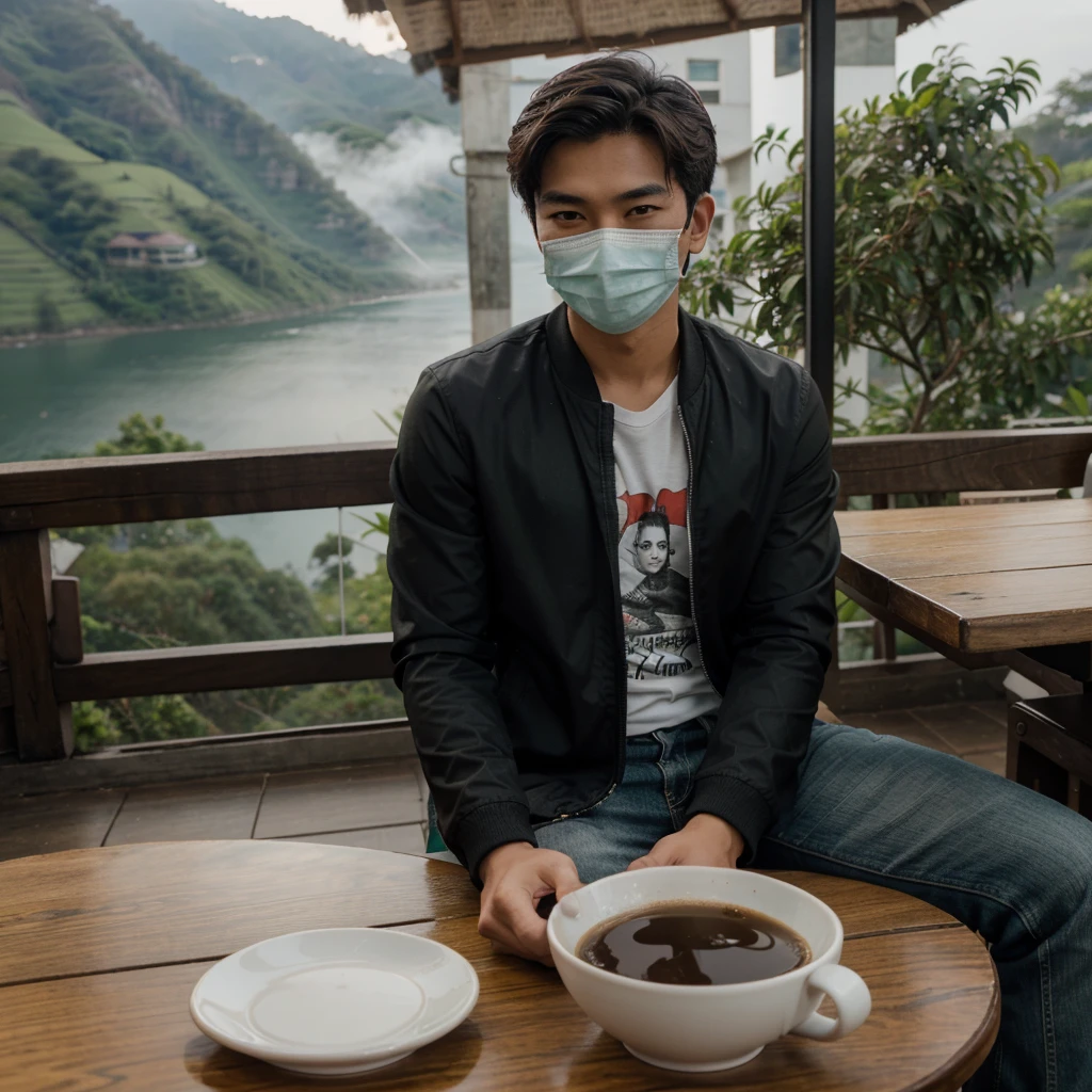 Professional photography of a handsome young asian. Wearing a black jacket, white, green and red t-sirt, with a picture of a balinese mask. Chatting a little smiling, sitting in an open cafe at the top of the mountain, on the table there was 1 cup of black coffe. With a view of the misty lake, the photo was taken with a vivo cellphone camera