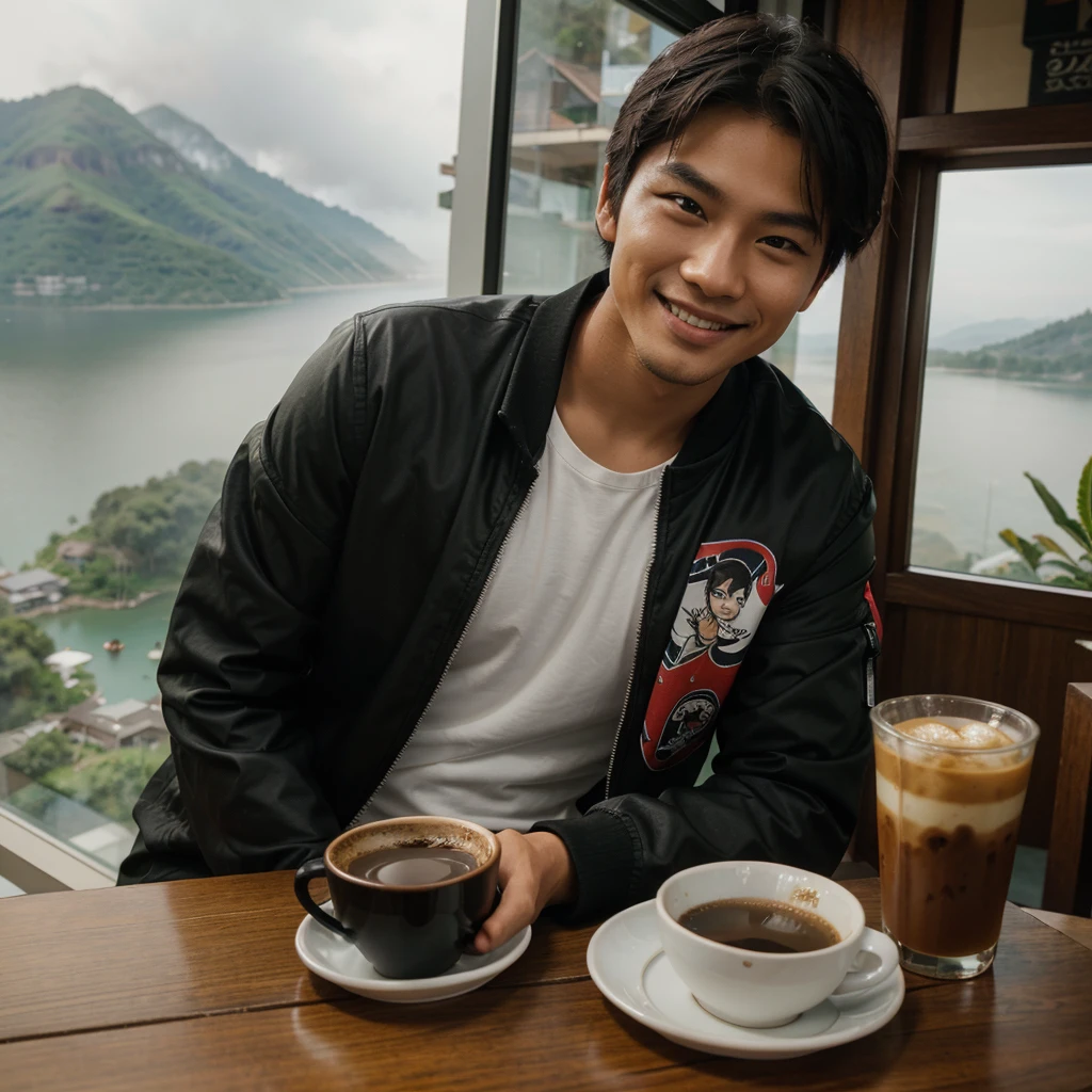 Professional photography of a handsome young asian. Wearing a black jacket, white, green and red t-sirt, with a picture of a balinese mask. Chatting a little smiling, sitting in an open cafe at the top of the mountain, on the table there was 1 cup of black coffe. With a view of the misty lake, the photo was taken with a vivo cellphone camera