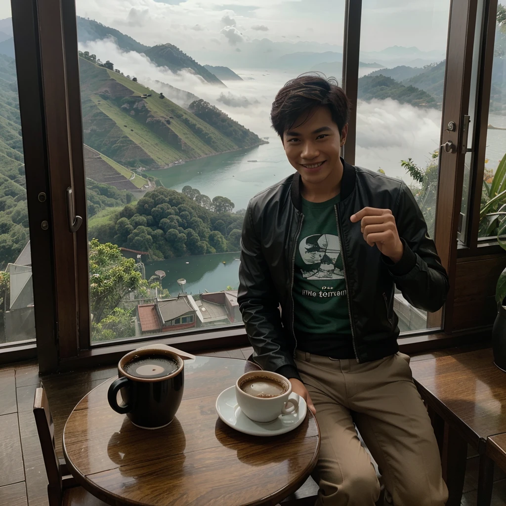 Professional photography of a handsome young asian. Wearing a black jacket, white, green and red t-sirt, with a picture of a balinese mask. Chatting a little smiling, sitting in an open cafe at the top of the mountain, on the table there was 1 cup of black coffe. With a view of the misty lake, the photo was taken with a vivo cellphone camera