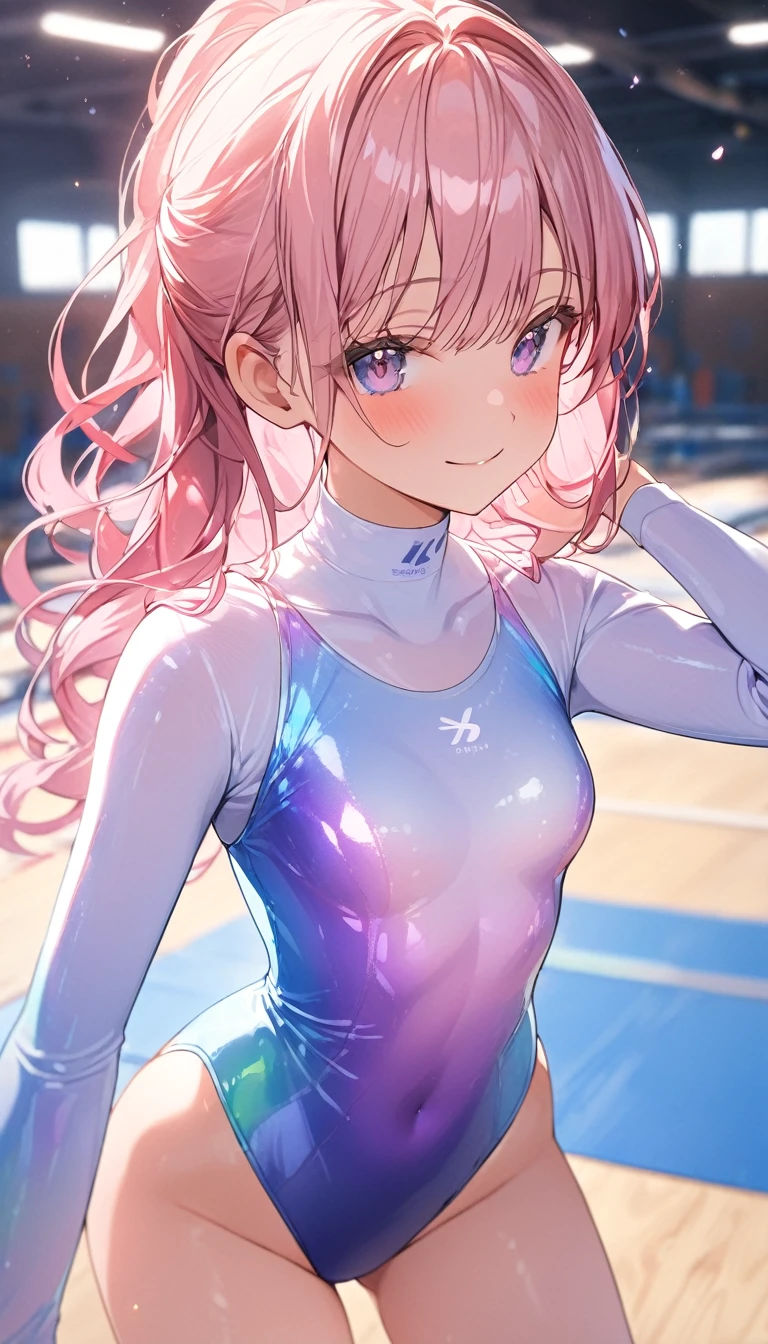 highquality illustration, masterpiece, very delicate and beautiful, attractive girl,(gymnastics leotard,long sleeve leotard with glittery decoration,high_leg leotard,athletic leotard,tight-fit leotard,iridescent gradient leotard,long-sleeve leotard),thin,slender body,slim,high school,gymnasium background,gymnastics club,gymnastics athlete,princess, beautiful eyes,light smile,(masterpiece, best quality:1.2), highres, extremely detailed CG unity 8k wallpaper, perfect lighting, Colourful, ultra-high res,4K,ultra-detailed, photography, 8K, HDR, 17 ages,cowboy shot,