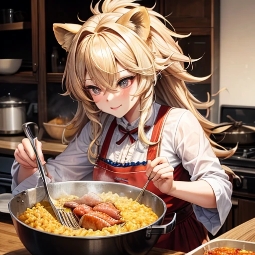 A beautiful lion beast woman is frying pork loin cutlets There is a bowl of rice