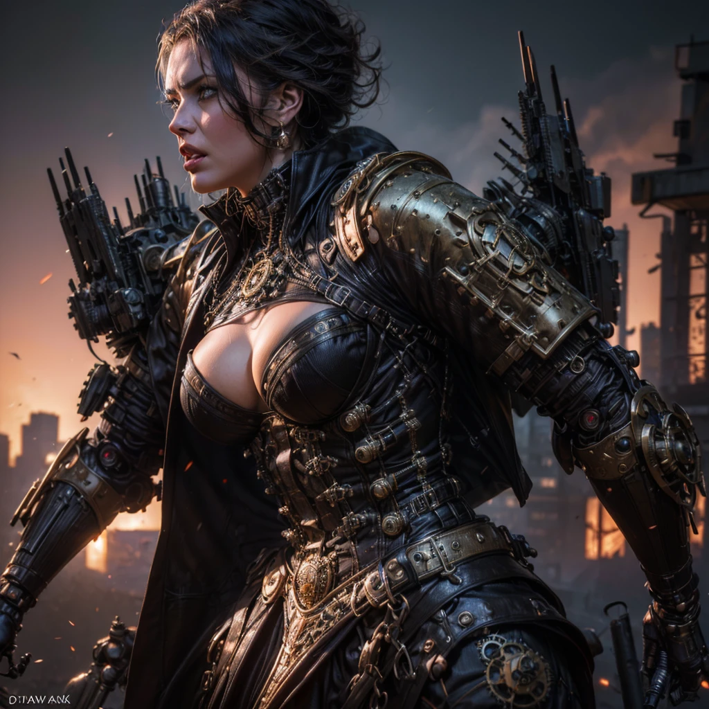 a sexy hot woman in a steampunk military uniform, intricate mechanical details, surrounded by threatening surreal figures, dark ominous battlefield, dramatic lighting, cinematic composition, intricate steampunk machinery, highly detailed, photorealistic, (best quality,4k,8k,highres,masterpiece:1.2),ultra-detailed,(realistic,photorealistic,photo-realistic:1.37),cinematic