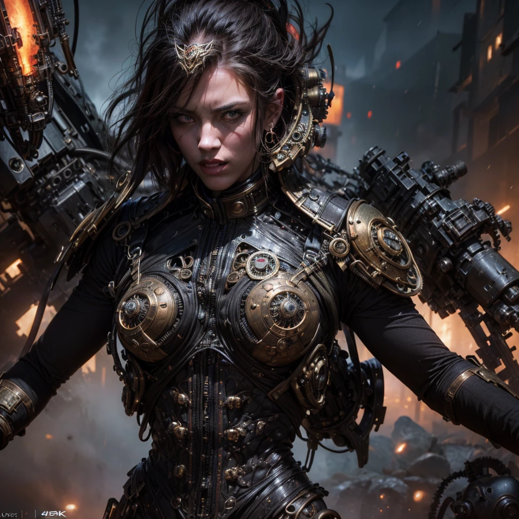 a sexy hot woman in a steampunk military uniform, intricate mechanical details, surrounded by threatening surreal figures, dark ominous battlefield, dramatic lighting, cinematic composition, intricate steampunk machinery, highly detailed, photorealistic, (best quality,4k,8k,highres,masterpiece:1.2),ultra-detailed,(realistic,photorealistic,photo-realistic:1.37),cinematic