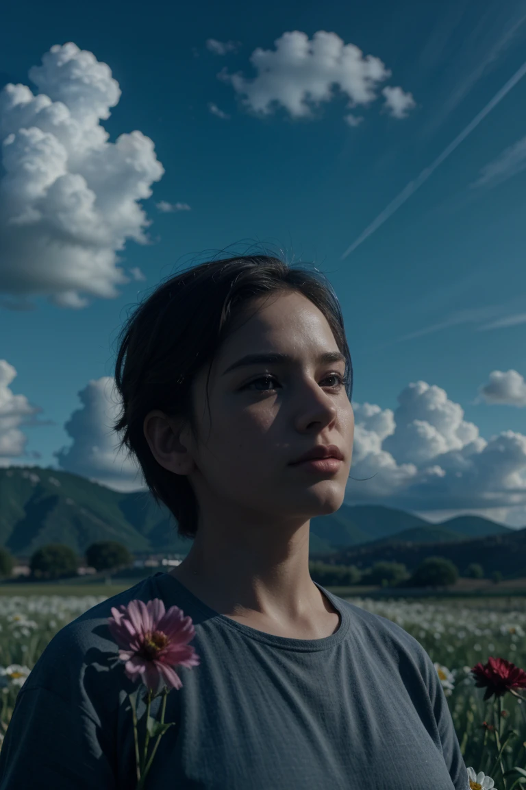 3D couple, boy and girl, beautiful sky background, clouds, flowers, photorealistic, 3D render, extremely detailed, high quality, cinematic lighting, dramatic composition, vivid colors, (best quality,4k,8k,highres,masterpiece:1.2),ultra-detailed,(realistic,photorealistic,photo-realistic:1.37)