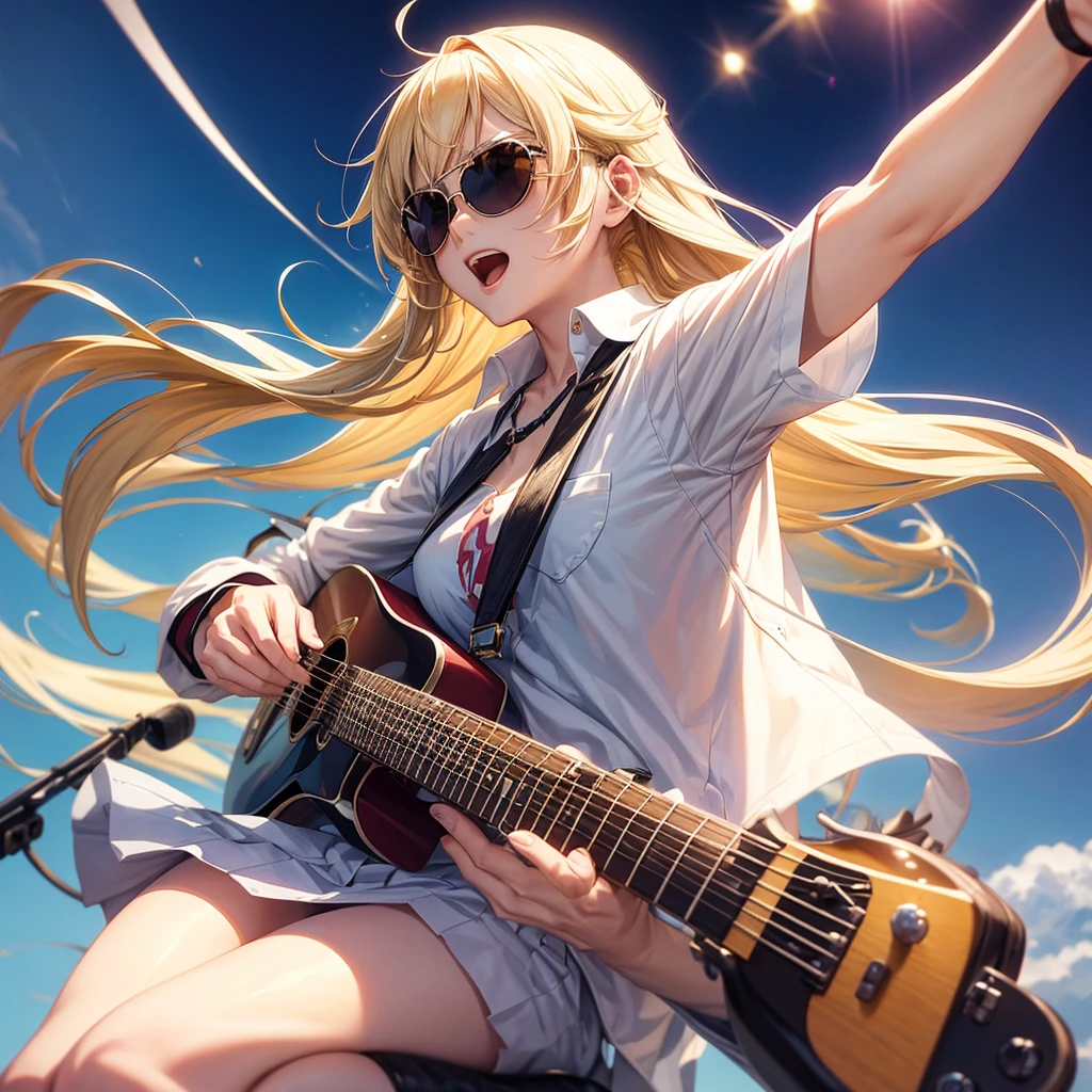 1 Anime Girl ( fly away, sunglasses, white undershirt, long blonde hair, body detailed), playing on guitar, stylish anime girl
