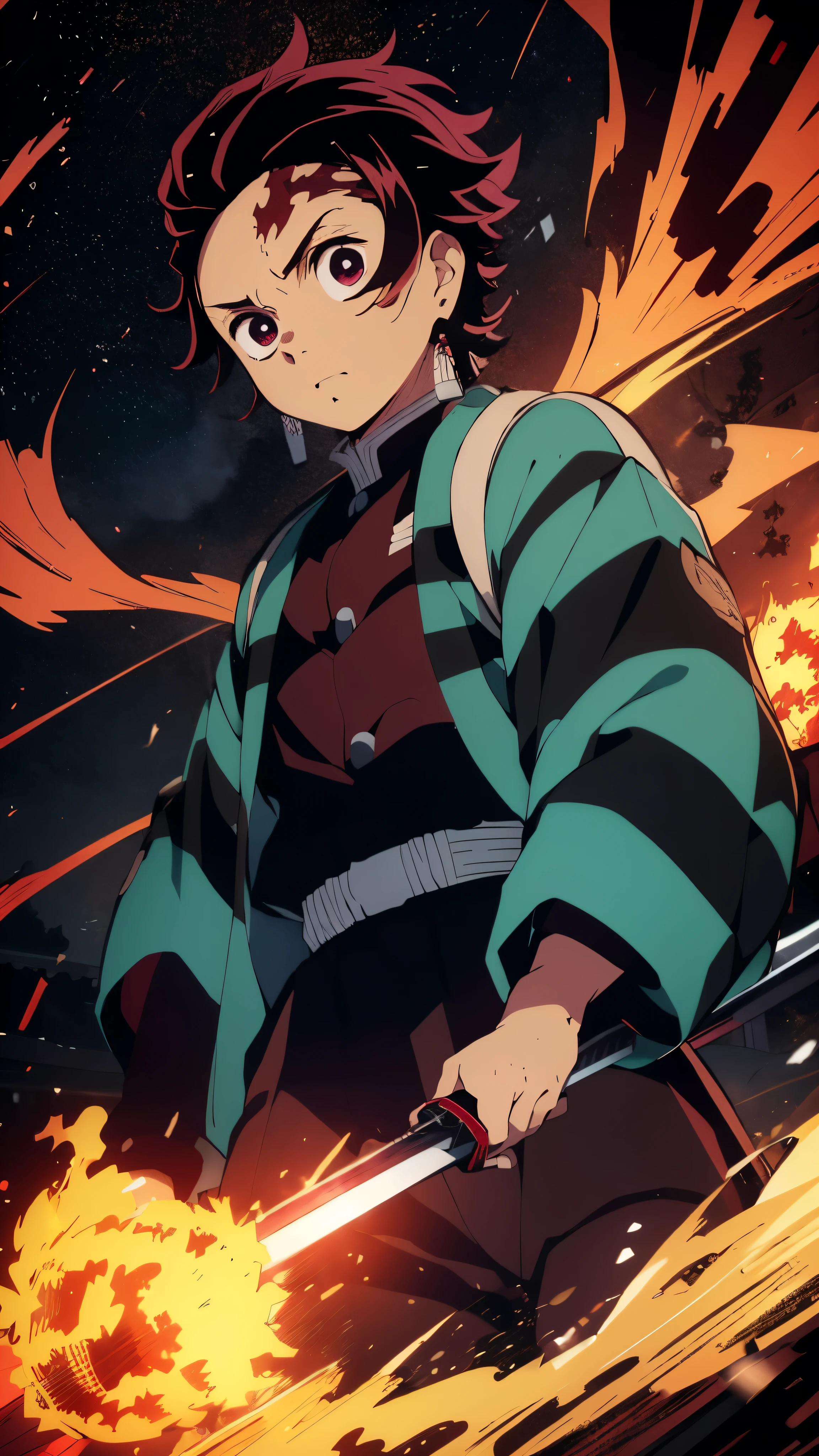 Kamado Tanjiro with a katana in his hand, blue and red fire flames and slashes are everywhere, determined face, very high quality image, beautiful face