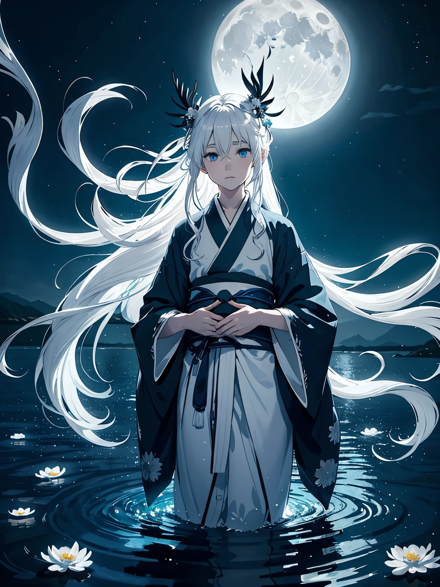 Kimono. White crows. Ghosts. lights. magical. Power animals. Spirit. King of the moon. Long hair. long white hair. aquatic, boy, silver hair accessories, White hair, blue flowers. Blue lights. full moon. holy.