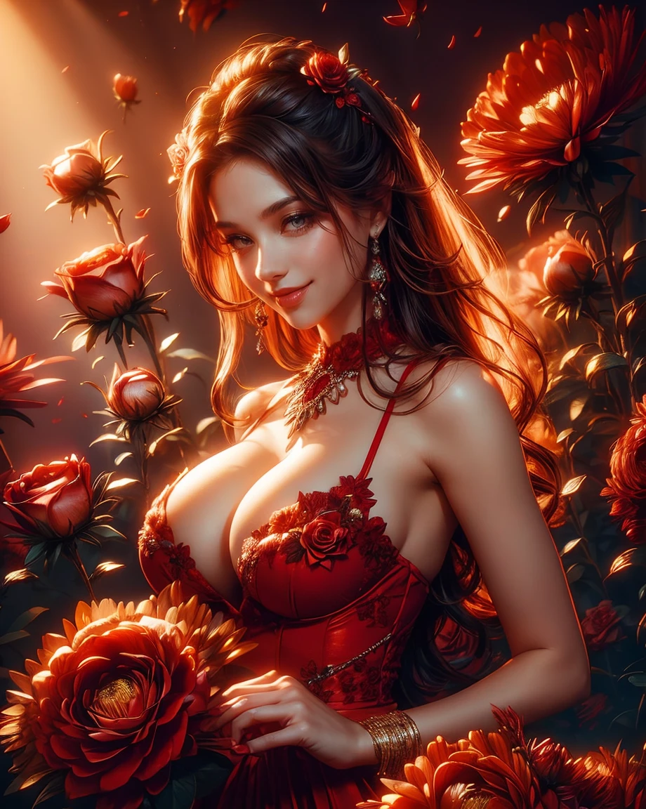 a woman in an intricate red dress draped over her shoulders, holding red roses, front view, red roses, derevschikova, alexis flower, huge breasts, cleavage, smiley face, smile on face, roses background, beautiful photo of sexy woman, in background of red rose, on a red background, backlit in studio. female model, roses, with a beautiful smile.8k. UHD.