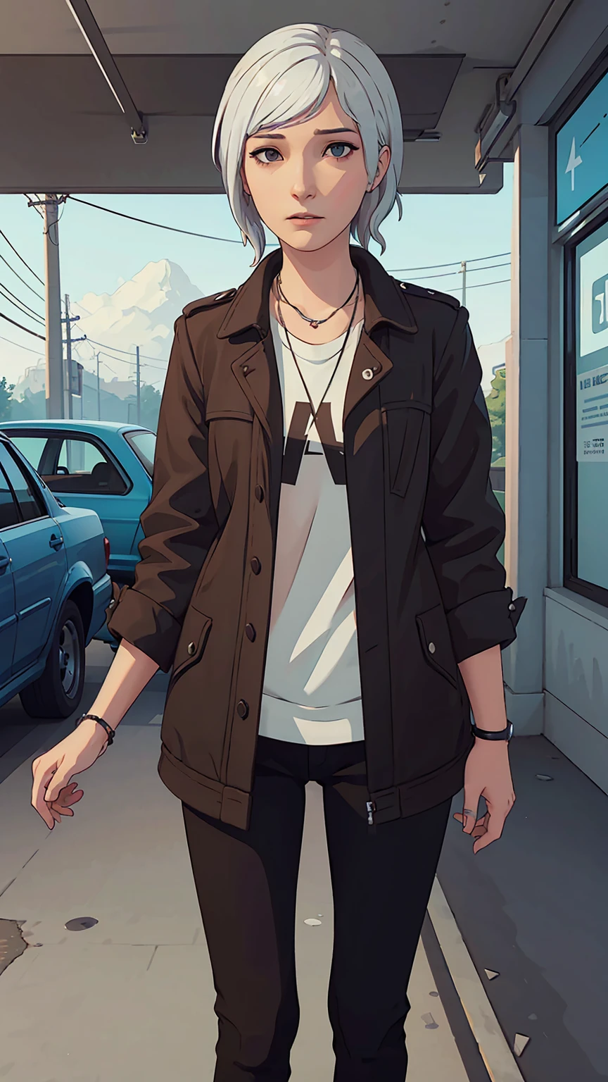 one girl, white hair, standing at the parking, standing near car, smoking, life is strange art style, life is strange style, lis, brown eyes