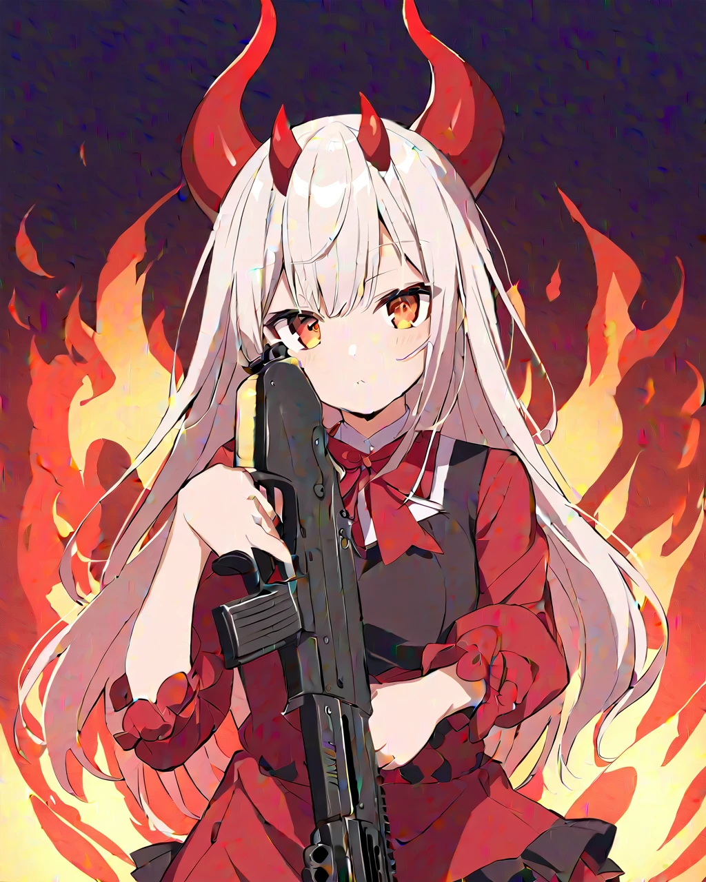 Cute devilish anime girl with devil horns, holding an AK-47 in his hands, the gun is aimed at the viewer, Fire background, Make sure, that you represent the hands correctly and without mistakes