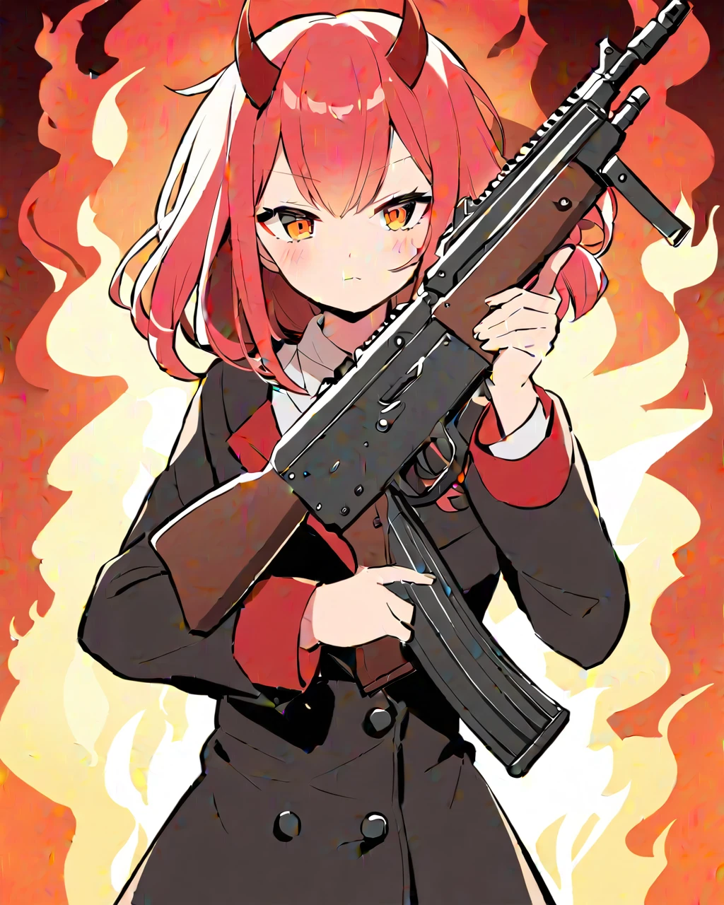 Cute devilish anime girl with devil horns, holding an AK-47 in his hands, the gun is aimed at the viewer, Fire background, Make sure, that you represent the hands correctly and without mistakes