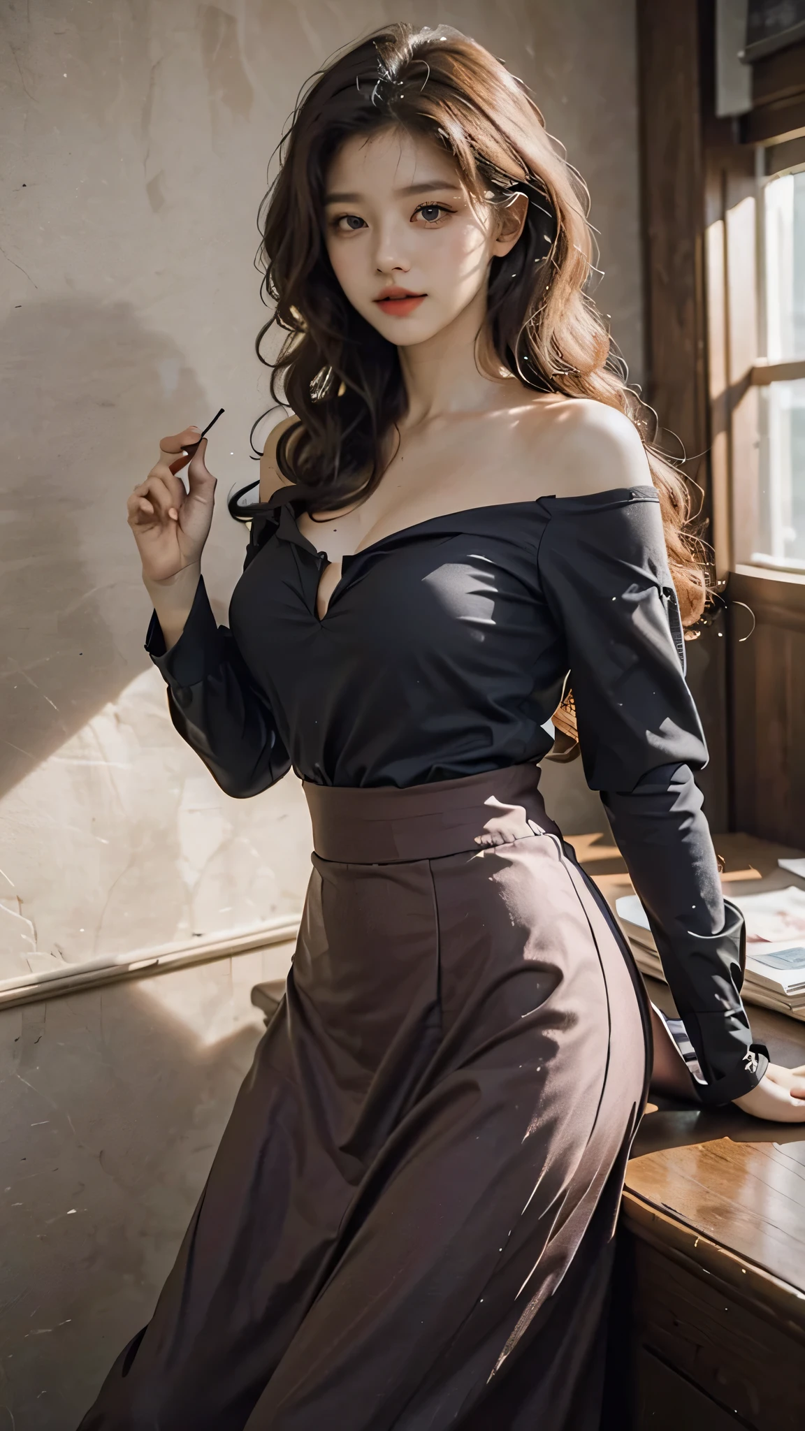 detailed background, masterpiece, best quality, 1 person , curly hair, long hair, purple eyes, star in eye , sharp red Strapless blouse, long skirt, red color