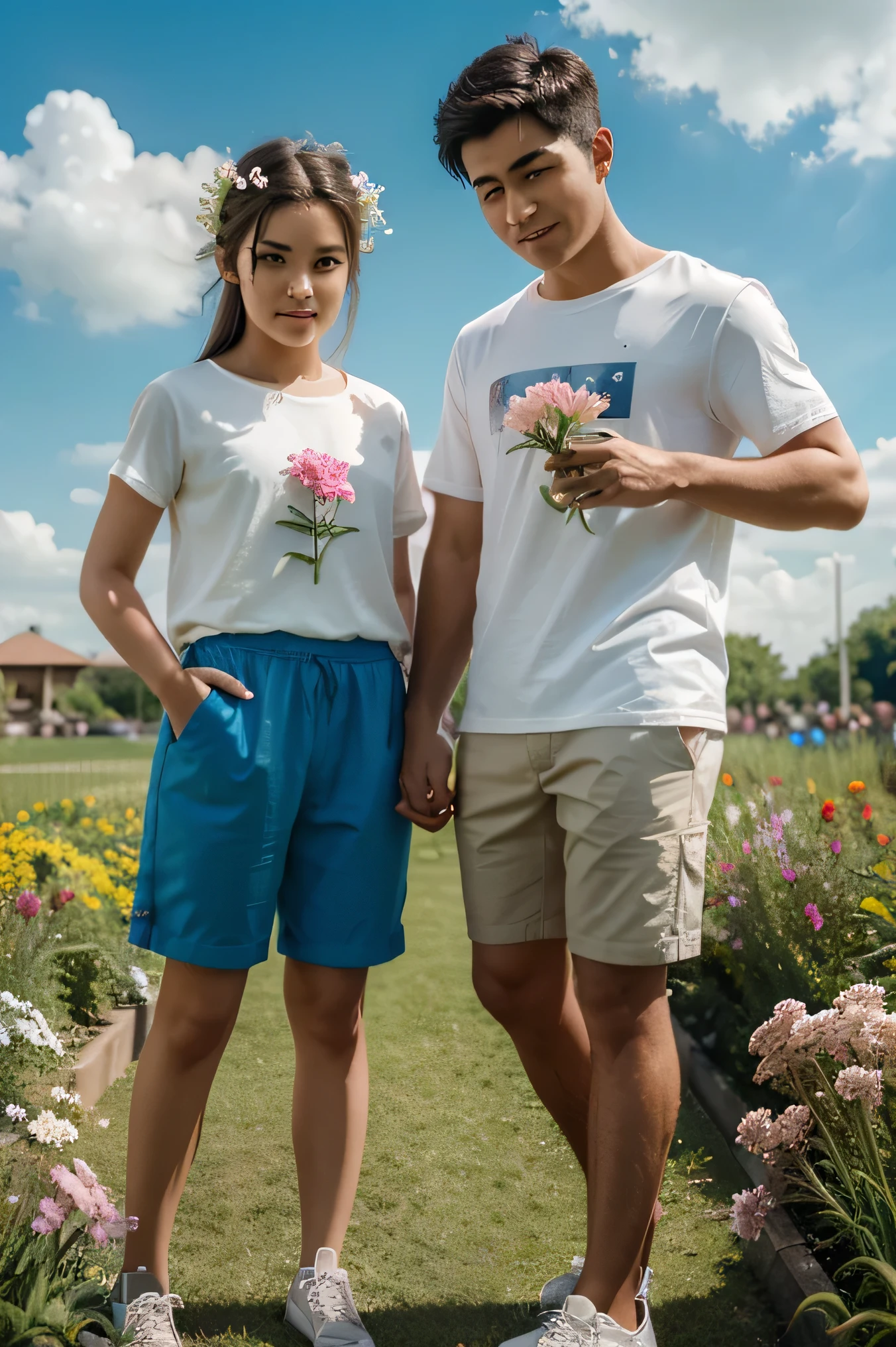 3D picture 2 couple boy and girl with flower and background setting is beautiful sky cloud flowers leg by setting beautiful young boy