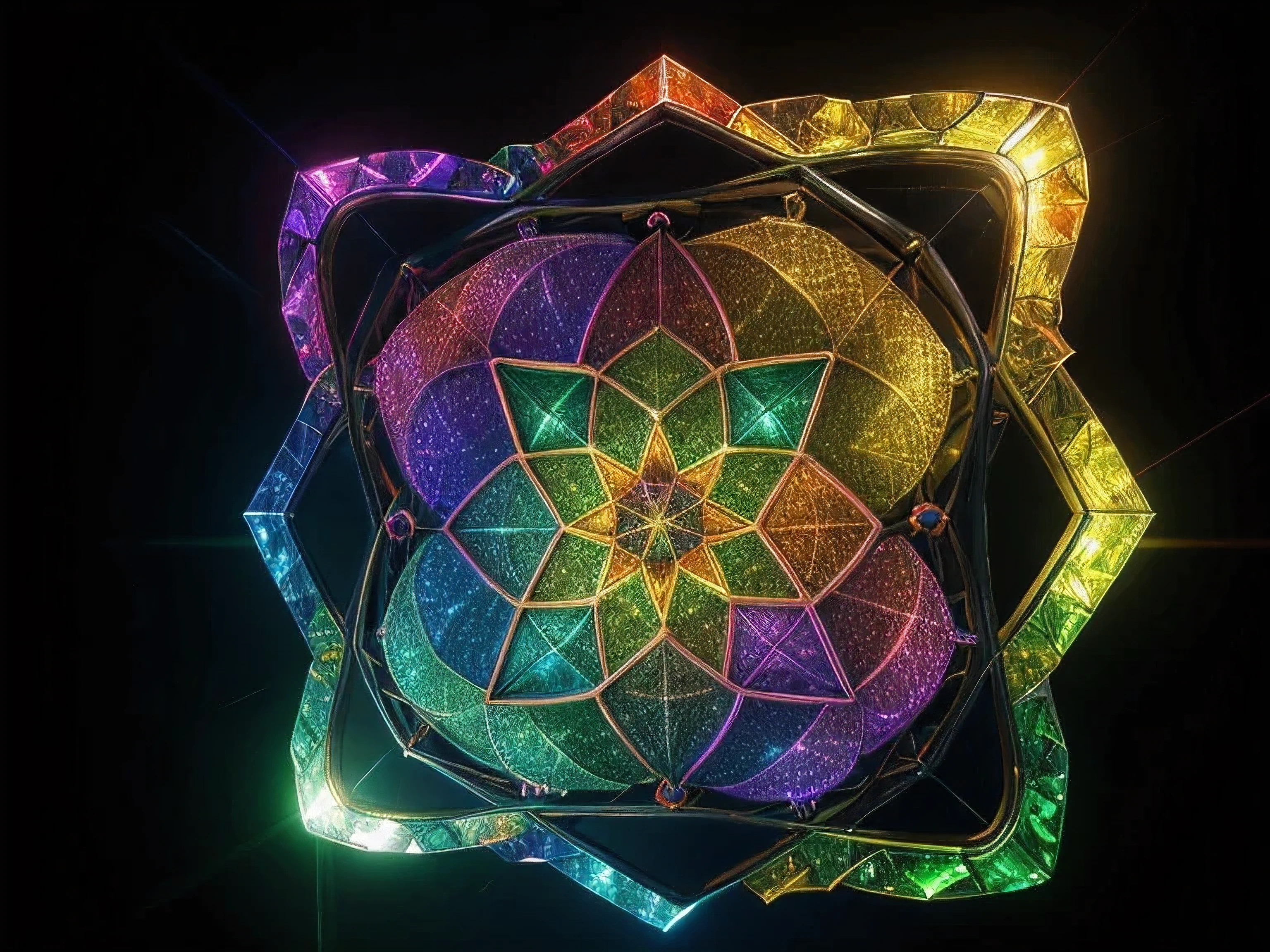 Net-like matrix of elongated octahedra whose edges shimmer in all the colors of the rainbow. This matrix is the basis of everything we create. This matrix is in the universe.
