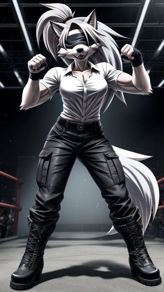 Loona from Helluva Boss, female wolf, anthro, mature adult, soft white short hair with ponytail, blindfolded, tall, muscular, white shirt, black cargo pants, black boots, solo, beautiful, high quality, precise, full body, anime style, punching the viewer, 4K