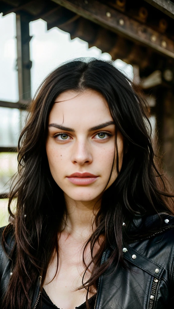beautiful warrior with long black hair, Ela se parece com Yennefer de The Witcher, She wears a leather jacket , your face is stained with blood and freckles, His skin is white, and his expression is angry, very sexy, cute, beautiful, hyper realistic 