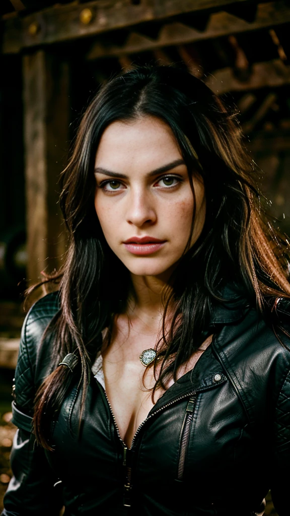 beautiful warrior with long black hair, Ela se parece com Yennefer de The Witcher, She wears a leather jacket , your face is stained with blood and freckles, His skin is white, and his expression is angry, very sexy, cute, beautiful, hyper realistic