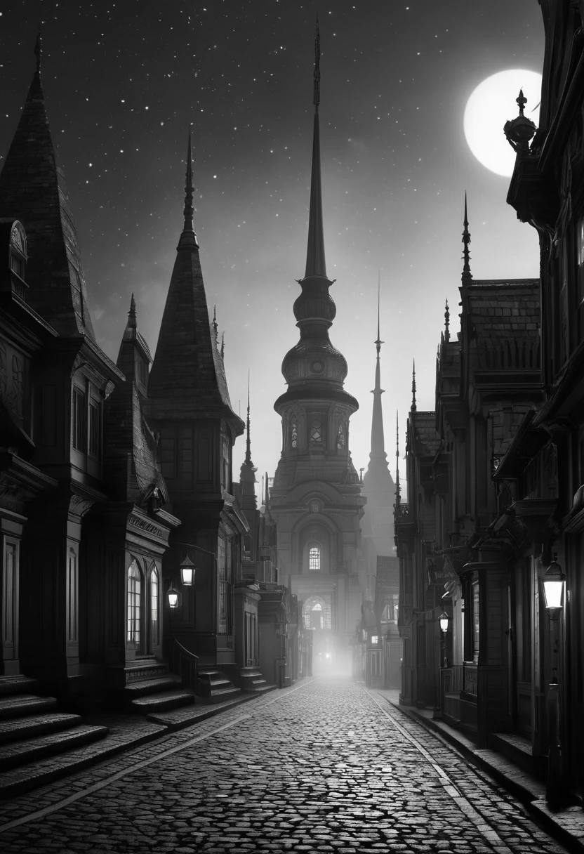 Dark fantasy, monochrome, cobblestone boulevard, pure white Victorian streetscape, white luminous buildings, contrast with the dark starry sky, deserted, foggy, one temple with a spire in the distance, starry sky, fantastical