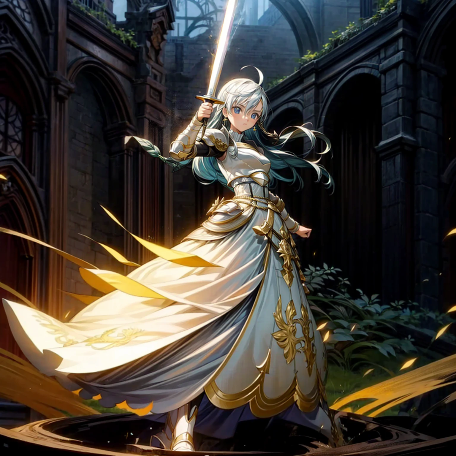 1girl, Full body version, 1character, children version, blue eyes color, long haircut, white colour hair, formal style clothing, medieval gold armour, one gold sword in hand, Grassroots, background in green field, motion blur, battle gesture, lighting sword, smoke, fire lighting, fire, masterpiece, (revision, dragon ball style art)