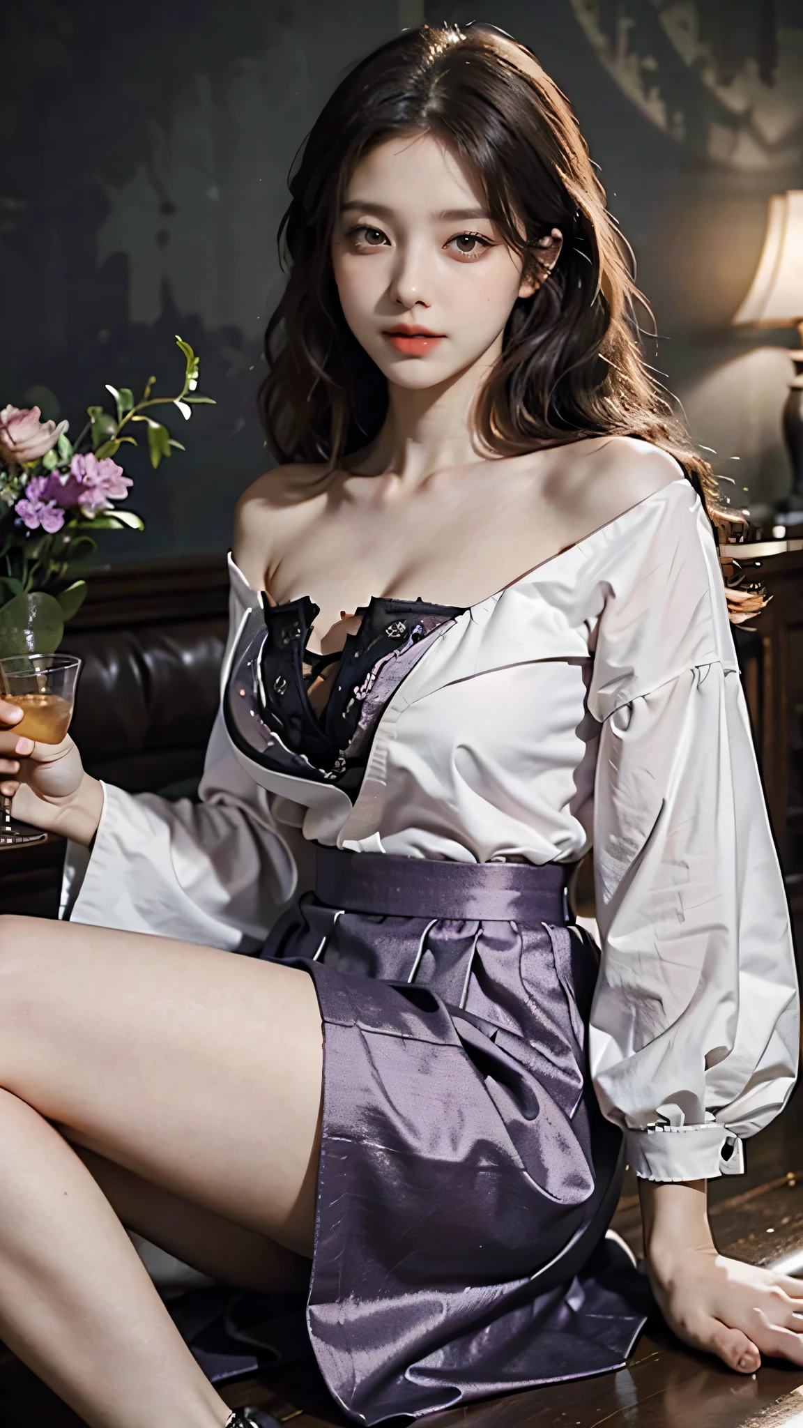 detailed background, masterpiece, best quality, 1 person , curly hair, long hair, purple eyes, star in eye , red Strapless blouse, long skirt