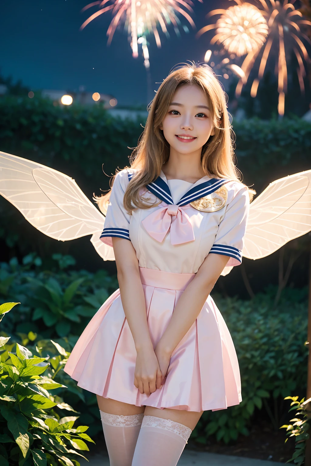 (best quality:1.2,8K,highres,ultra-detailed,photorealistic),Beautiful garden, soft light, transparent wings, happy smile, gentle expression, (baby mask: 0.9), (soft powder makeup: 0.9), warm atmosphere, breathing fresh air, (fresh: 1.1) tone, realistic details, (soft: 1.1) pink clothes, (concert: 1.2), fireworks, happy atmosphere, wide-open eyes. ( Asian Girl in a garden, moon rabbit, blonde hair, blue eyes, very cute, happy, blushing, latex sailor suit, latex skirt, latex stockings, big breasts, entire body, looking at the audience, mini skirt, outdoor, night, starry sky, beautiful garden, soft lighting, transparent wings, joyful smile, gentle expression, beautiful face, soft makeup, warm atmosphere, breathing in fresh air, pastel tones, realistic details, soft pink clothes, concert, fireworks, happy atmosphere, wide eyes.)