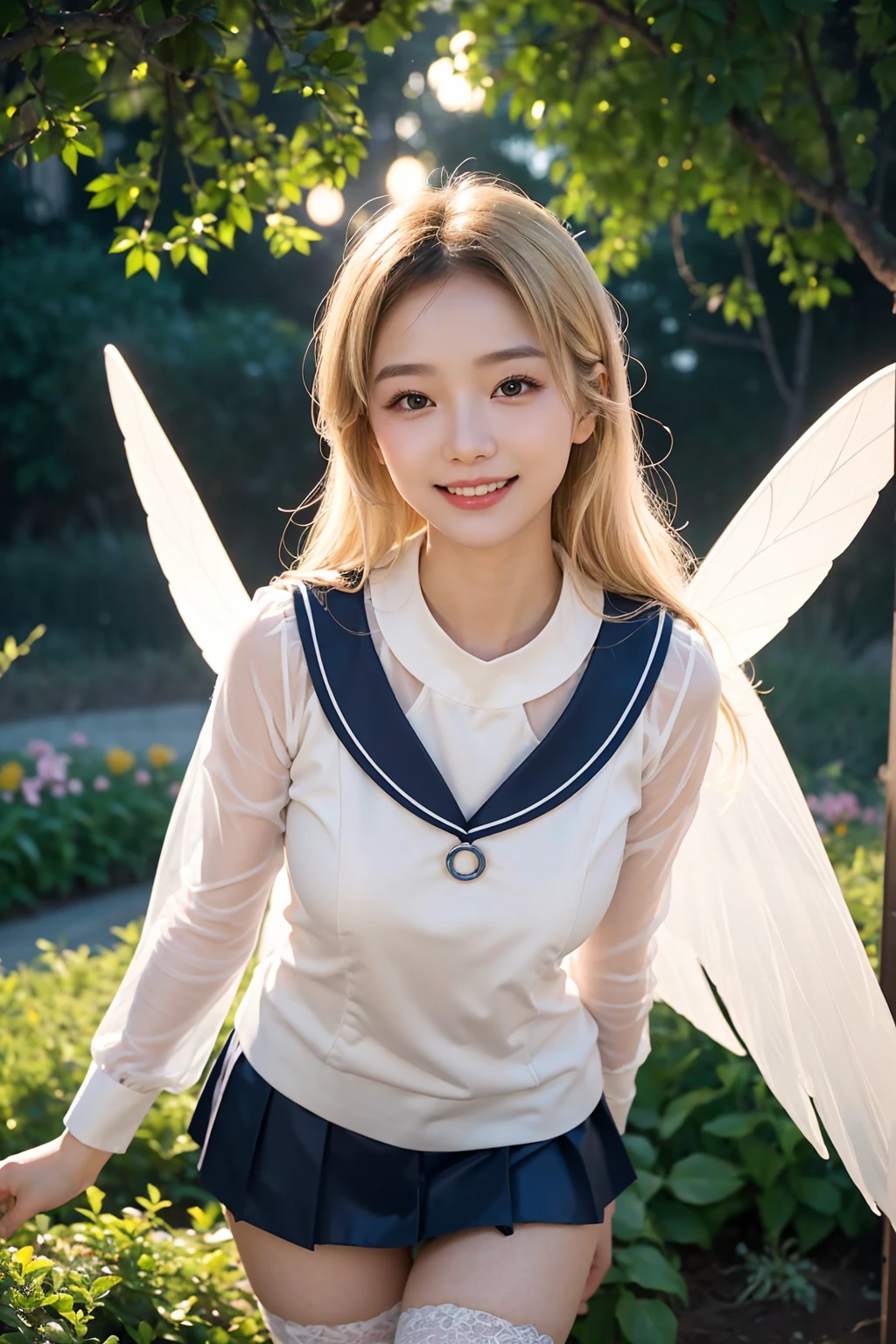 (best quality:1.2,8K,highres,ultra-detailed,photorealistic),Beautiful garden, soft light, transparent wings, happy smile, gentle expression, (baby mask: 0.9), (soft powder makeup: 0.9), warm atmosphere, breathing fresh air, (fresh: 1.1) tone, realistic details, (soft: 1.1) pink clothes, (concert: 1.2), fireworks, happy atmosphere, wide-open eyes. ( Asian Girl in a garden, moon rabbit, blonde hair, blue eyes, very cute, happy, blushing, latex sailor suit, latex skirt, latex stockings, big breasts, entire body, looking at the audience, mini skirt, outdoor, night, starry sky, beautiful garden, soft lighting, transparent wings, joyful smile, gentle expression, beautiful face, soft makeup, warm atmosphere, breathing in fresh air, pastel tones, realistic details, soft pink clothes, concert, fireworks, happy atmosphere, wide eyes.)