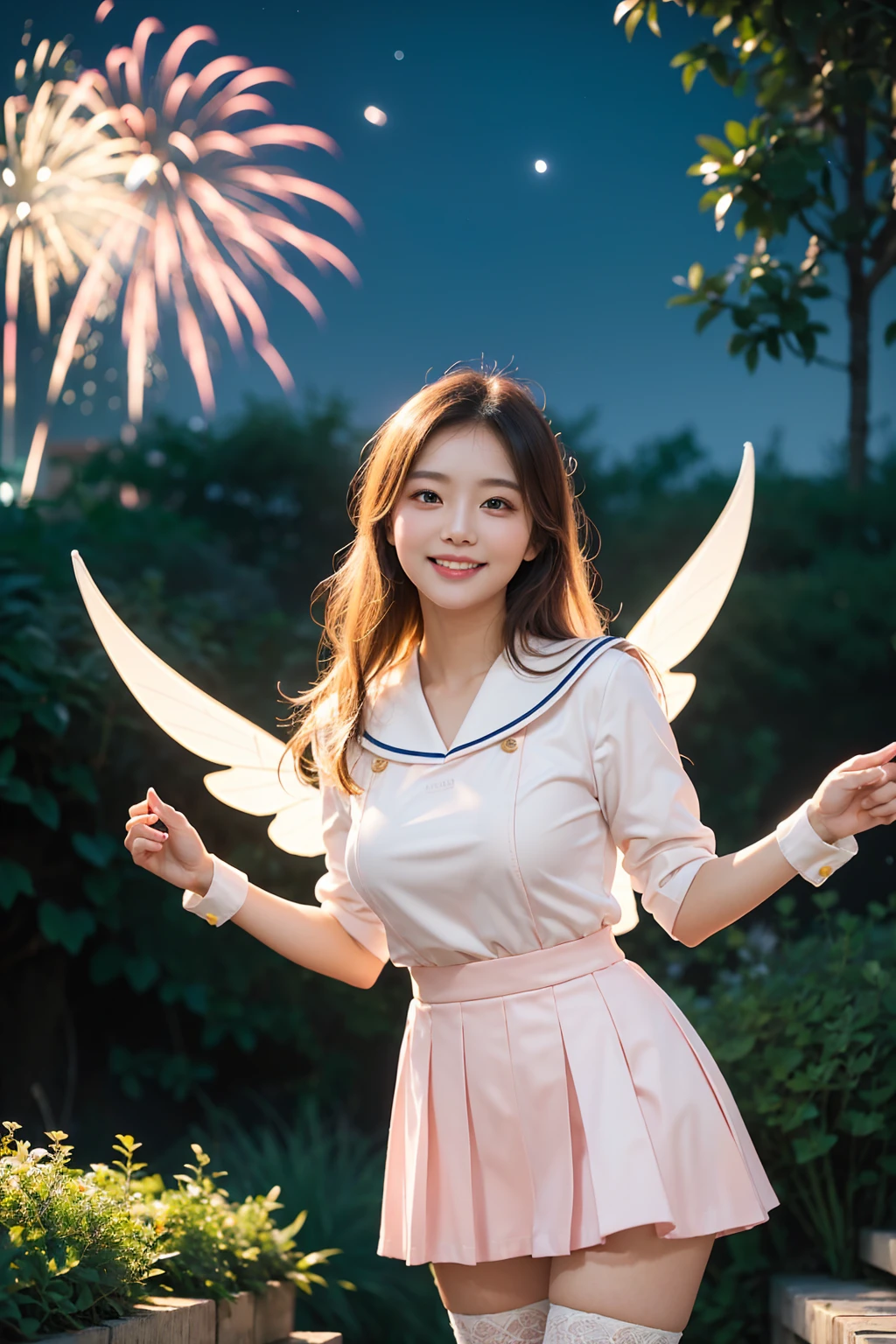 (best quality:1.2,8K,highres,ultra-detailed,photorealistic),Beautiful garden, soft light, transparent wings, happy smile, gentle expression, (baby mask: 0.9), (soft powder makeup: 0.9), warm atmosphere, breathing fresh air, (fresh: 1.1) tone, realistic details, (soft: 1.1) pink clothes, (concert: 1.2), fireworks, happy atmosphere, wide-open eyes. ( Asian Girl in a garden, moon rabbit, blonde hair, blue eyes, very cute, happy, blushing, latex sailor suit, latex skirt, latex stockings, big breasts, entire body, looking at the audience, mini skirt, outdoor, night, starry sky, beautiful garden, soft lighting, transparent wings, joyful smile, gentle expression, beautiful face, soft makeup, warm atmosphere, breathing in fresh air, pastel tones, realistic details, soft pink clothes, concert, fireworks, happy atmosphere, wide eyes.)