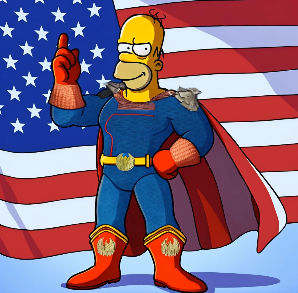 smug loooking homer simpson as homelander from the series the boys