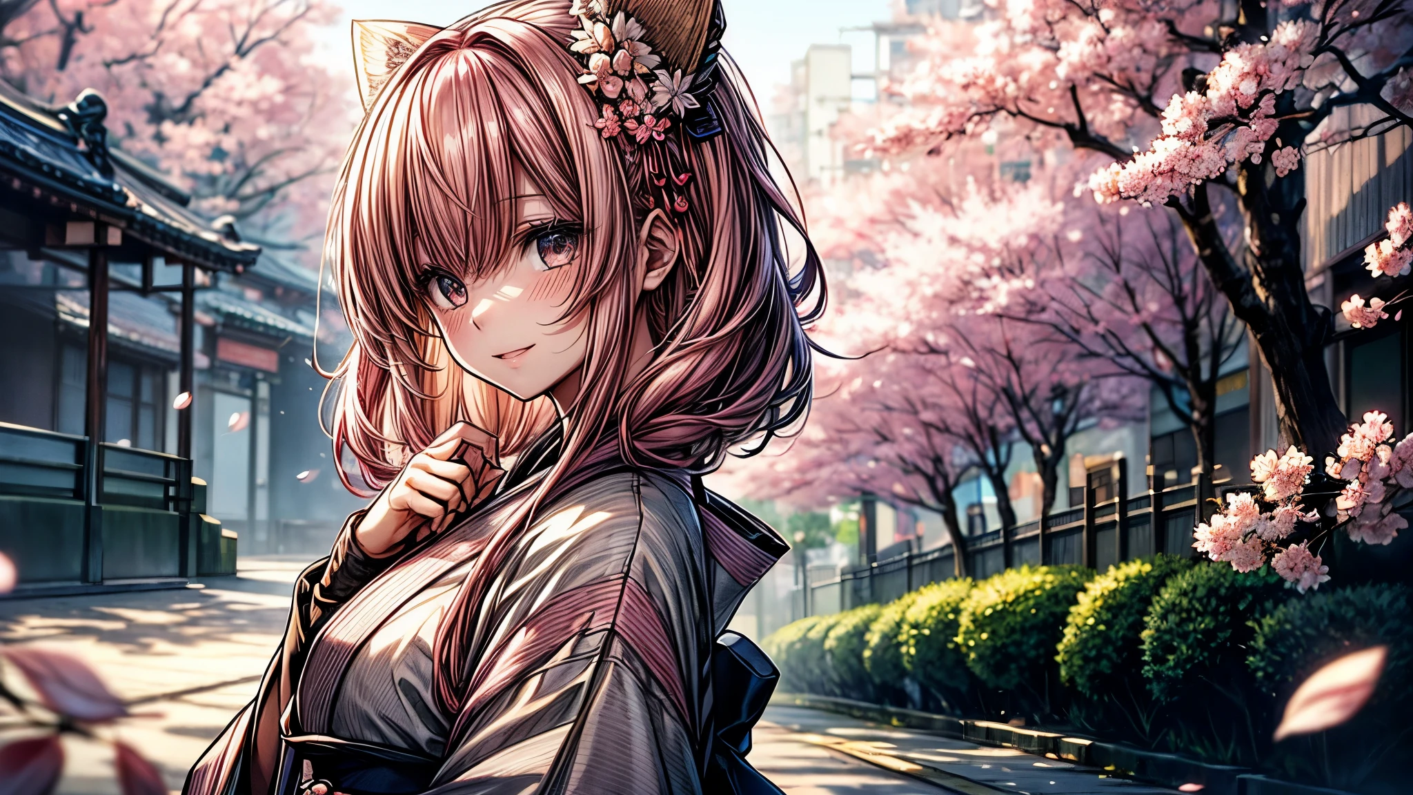 8K resolution, ((highest quality)), ((masterpiece)), ((super detailed)), (very delicate and beautiful), with a girl, solo, gentle expression, she is very(relax)with(Calm)Appearance, pink hair, Depth of the bounds written, bright smile, young expression, bright peach-colored eyes, Beautiful pink hair, beautiful background, long hair, linear art, pink kimono, Japan, Japanese Style, cherry blossomsのように輝く瞳, upper eye, wonderful eyes, cherry blossoms, cherry blossomsの木, cherry blossomsの花が舞っている, Upper body
