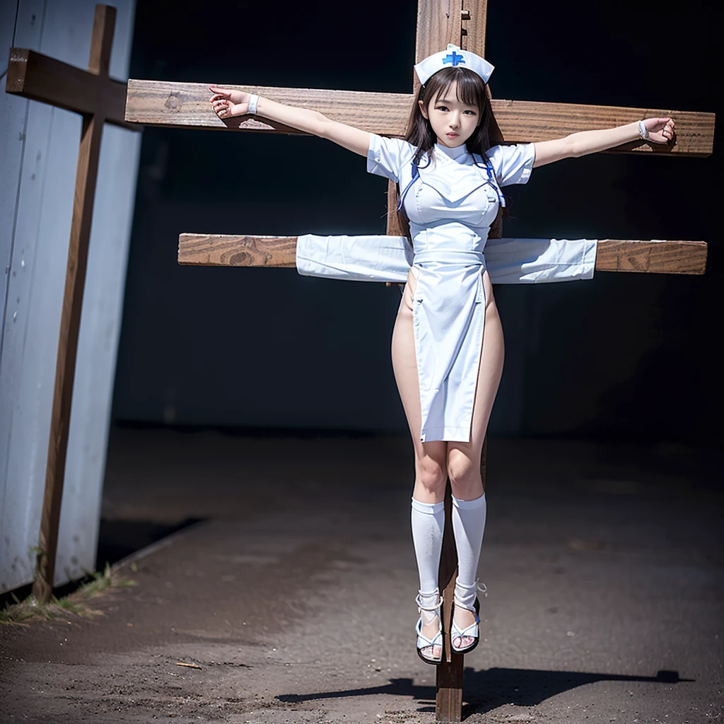 (((Japanese young girls wearing white nurse uniform))), (((crucifixion pose,nailed to cross))), (full body shot:2), dynamic angle, ((huge breasts)), natural lighting, ultra sharp focus, 8k, (((1girl))), glaring