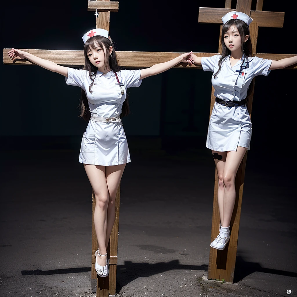 (((Japanese young girls wearing white nurse uniform))), (((crucifixion pose,nailed to cross))), (full body shot:2), dynamic angle,  ((huge breasts)),  natural lighting, ultra sharp focus, 8k, (((1girl))), glaring