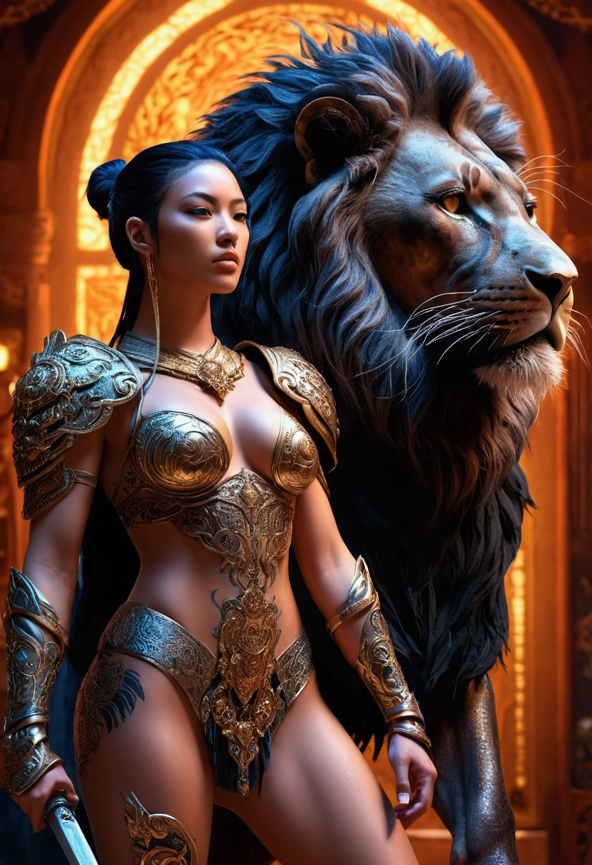 a very high resolution image of a warrior and a black lion. The image was created in a real anime style, highly detailed, and shows a beautiful warrior wearing only scraps of clothing, which leave her entire tattooed body visible with a highlight. The high detail of the image with soft and romantic shading, with cinematographic lighting, leaves the image with a perfect composition. This captivating scene is captured in stunning high-tech digital art, where every pixel conveys a sense of surreal, otherworldly beauty. The colors are vibrant, electric and pulsating, bringing the heroic figure to life in mesmerizing detail