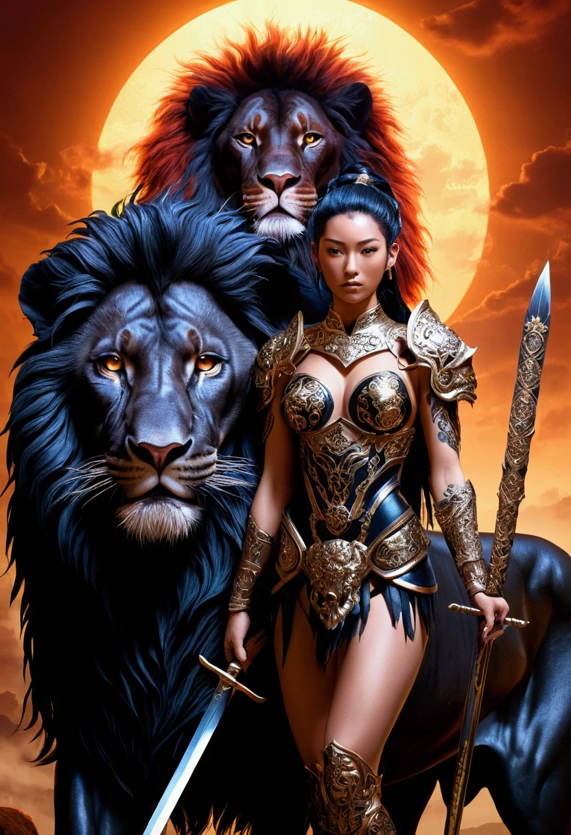 a very high resolution image of a warrior and a black lion. The image was created in a real anime style, highly detailed, and shows a beautiful warrior wearing only scraps of clothing, which leave her entire tattooed body visible with a highlight. The high detail of the image with soft and romantic shading, with cinematographic lighting, leaves the image with a perfect composition. This captivating scene is captured in stunning high-tech digital art, where every pixel conveys a sense of surreal, otherworldly beauty. The colors are vibrant, electric and pulsating, bringing the heroic figure to life in mesmerizing detail