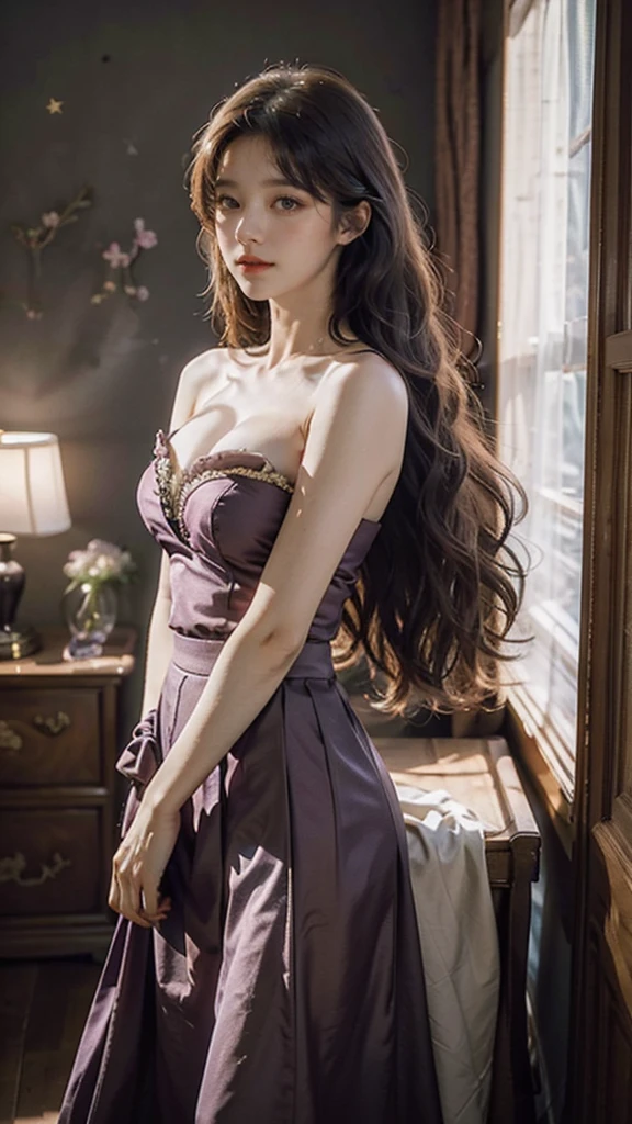 detailed background, masterpiece, best quality, 1 person , curly hair, long hair, purple eyes, star in eye , red ♥️ Strapless blouse, long skirt