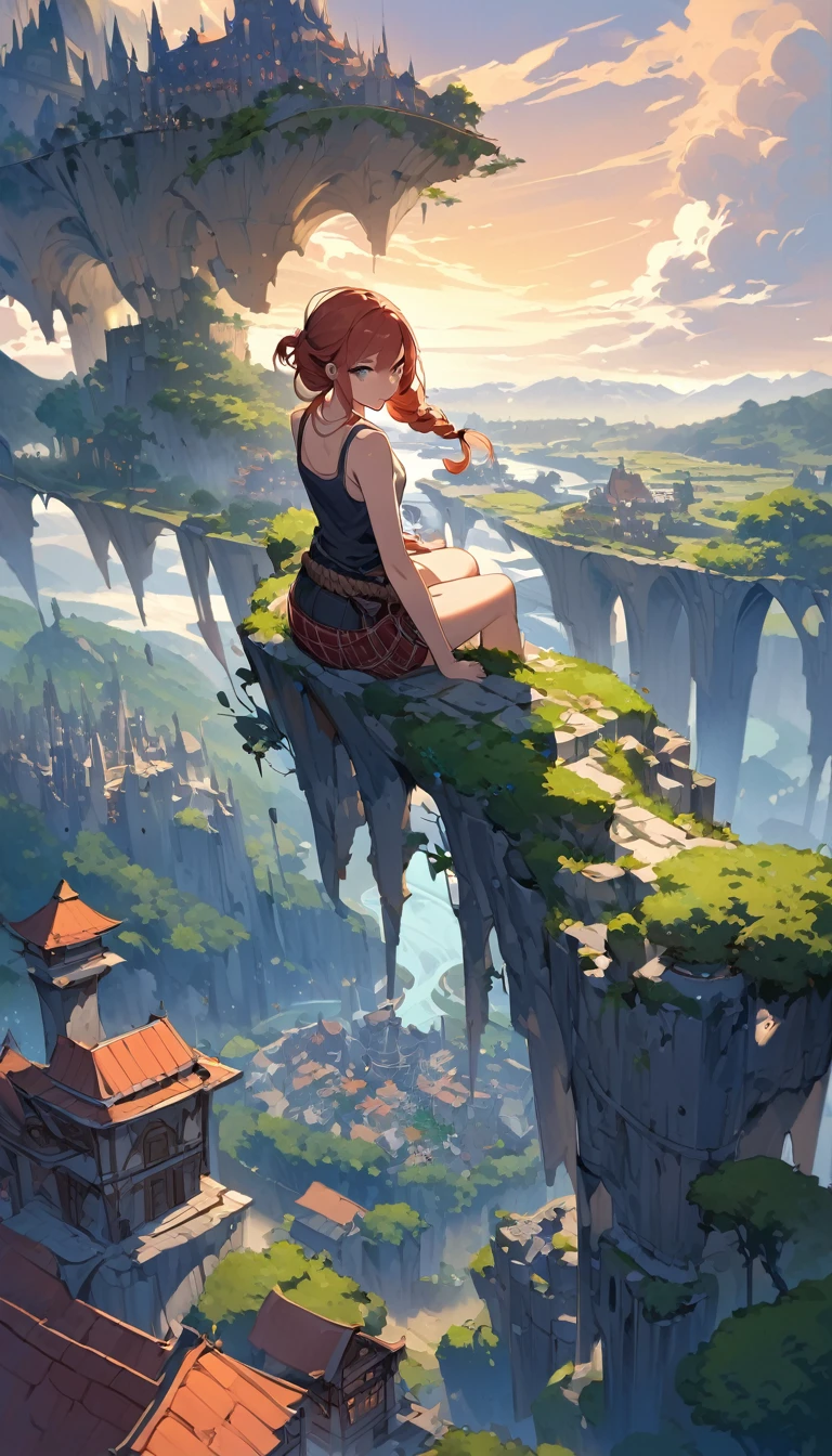 This image represents a beautiful scene from the fantasy world. It is during the day or early afternoon and the atmosphere is calm and great. In the foreground a female character appears sitting with her back to the viewer. She has long red braided hair and wears a plaid miniskirt with stockings and a tank top, very sexy, rope belt. In the background, we see a magnificent city built on a steep mountain or island. The city's architecture is reminiscent of the Middle Ages and the Renaissance, characterized by tall spiers and dense buildings and futuristic elements. High above the city, there are buildings that look like castles and palaces that rise above the rest. Below the city, there are lush green fields and scattered small buildings, which may be farms or towns. The landscape is lush and green with trees surrounding the settlements. Several ships are anchored at the foot of the mountains and islands, suggesting that the city is an important port city. The sky is light blue with very few clouds, indicating that it is daytime or early afternoon. The overall atmosphere is calm and grand, suggesting stories of adventure, exploration, or political intrigue in this fantasy world (art inspired by Bill Sienkiewicz). oil painting)