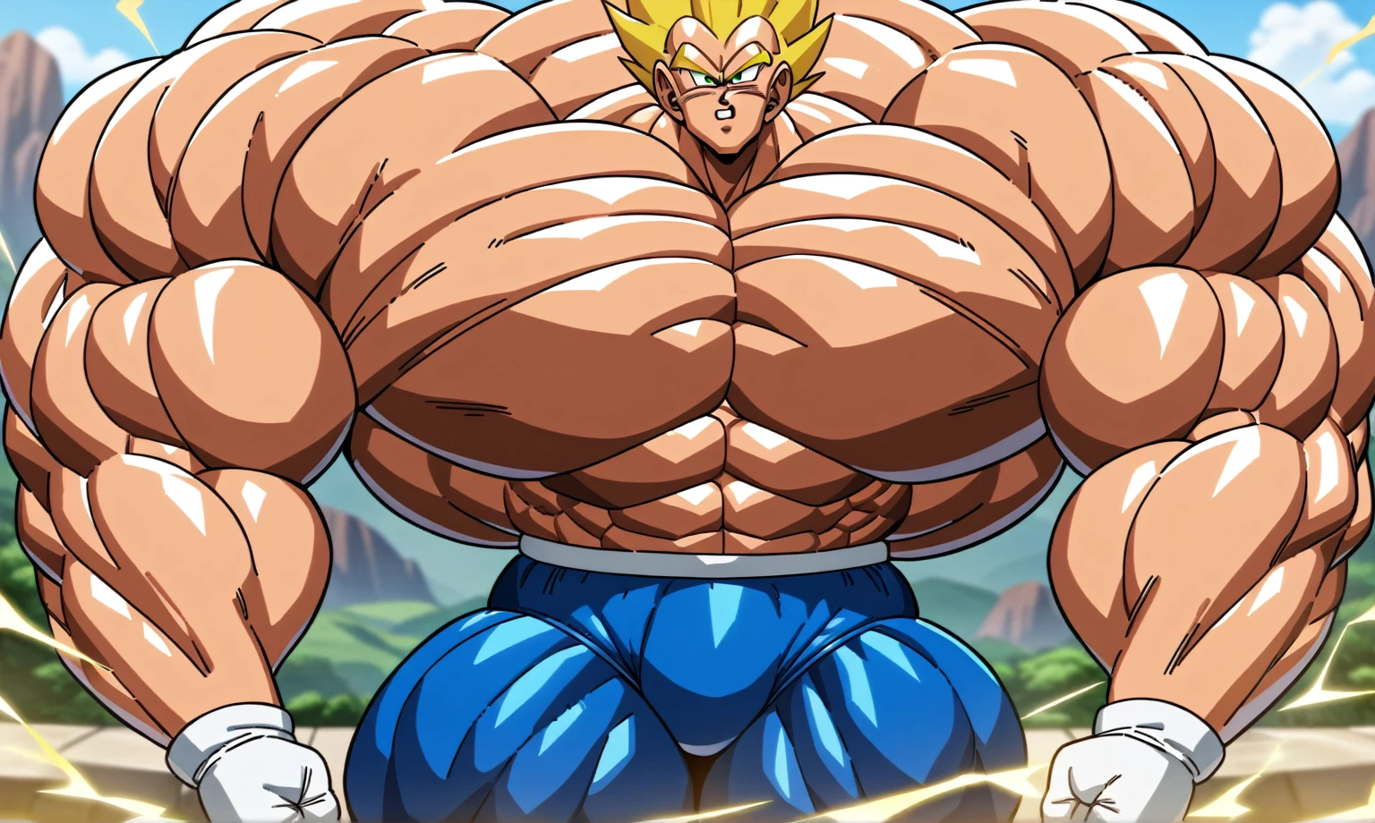 1boy, Vegeta, from Dragon Ball Z, masterpiece, best quality, very aesthetic, absurdres, saiyan, green eyes, spiked hair, (yellow hair:1.5), yellow eyebrows, shirtless, blue skintight pants, white gloves, (huge muscles:3), dragonballartstyle, in the style of Akira Toriyama, white tiled floor, outdoors, flat-top mountains, yellow aura, electricity, (thick thighs:2.7), (:1.1)