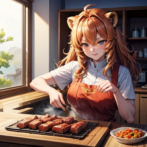 A beautiful lion beast woman is making char siu