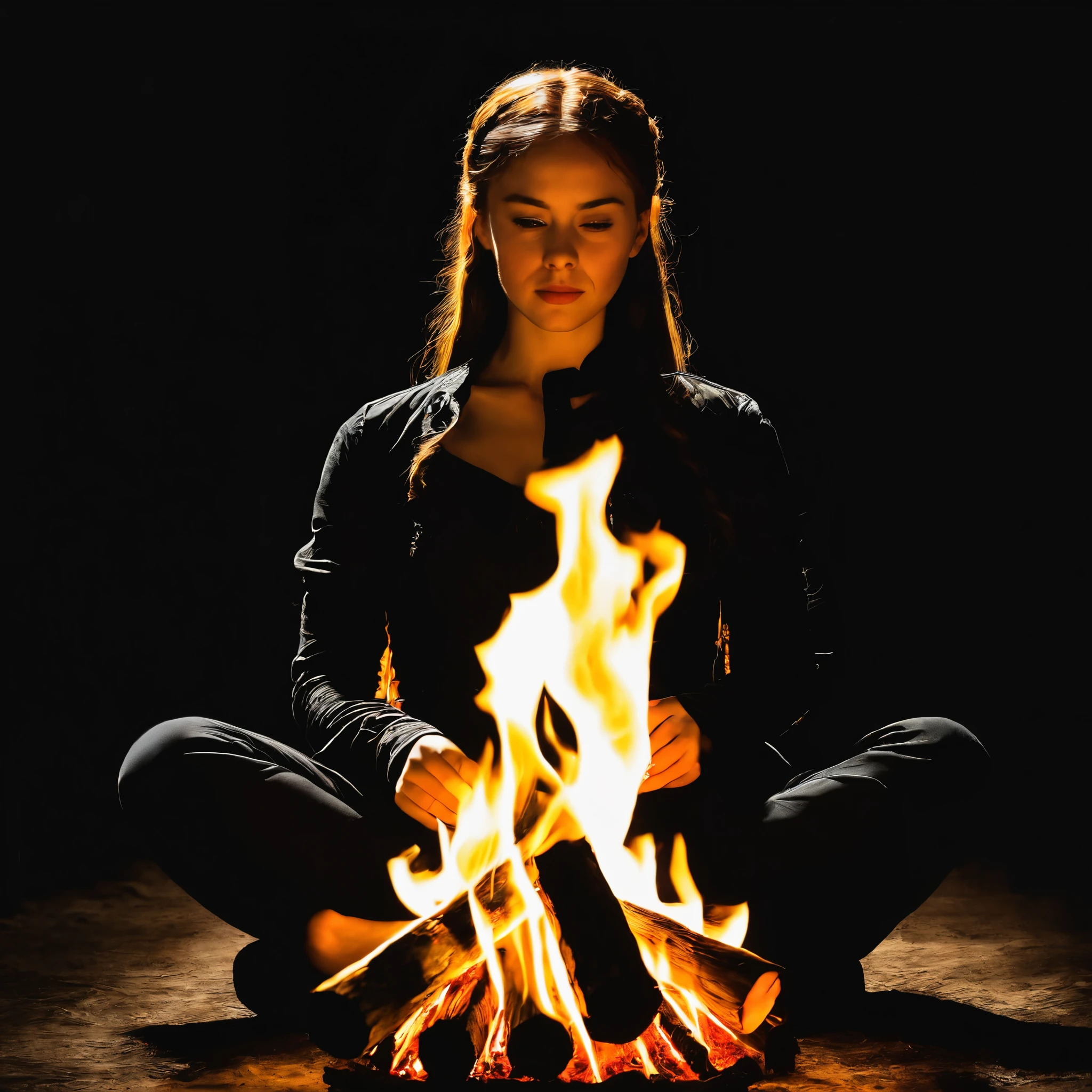 1girl, solo, sitting, fire, black background, burning
