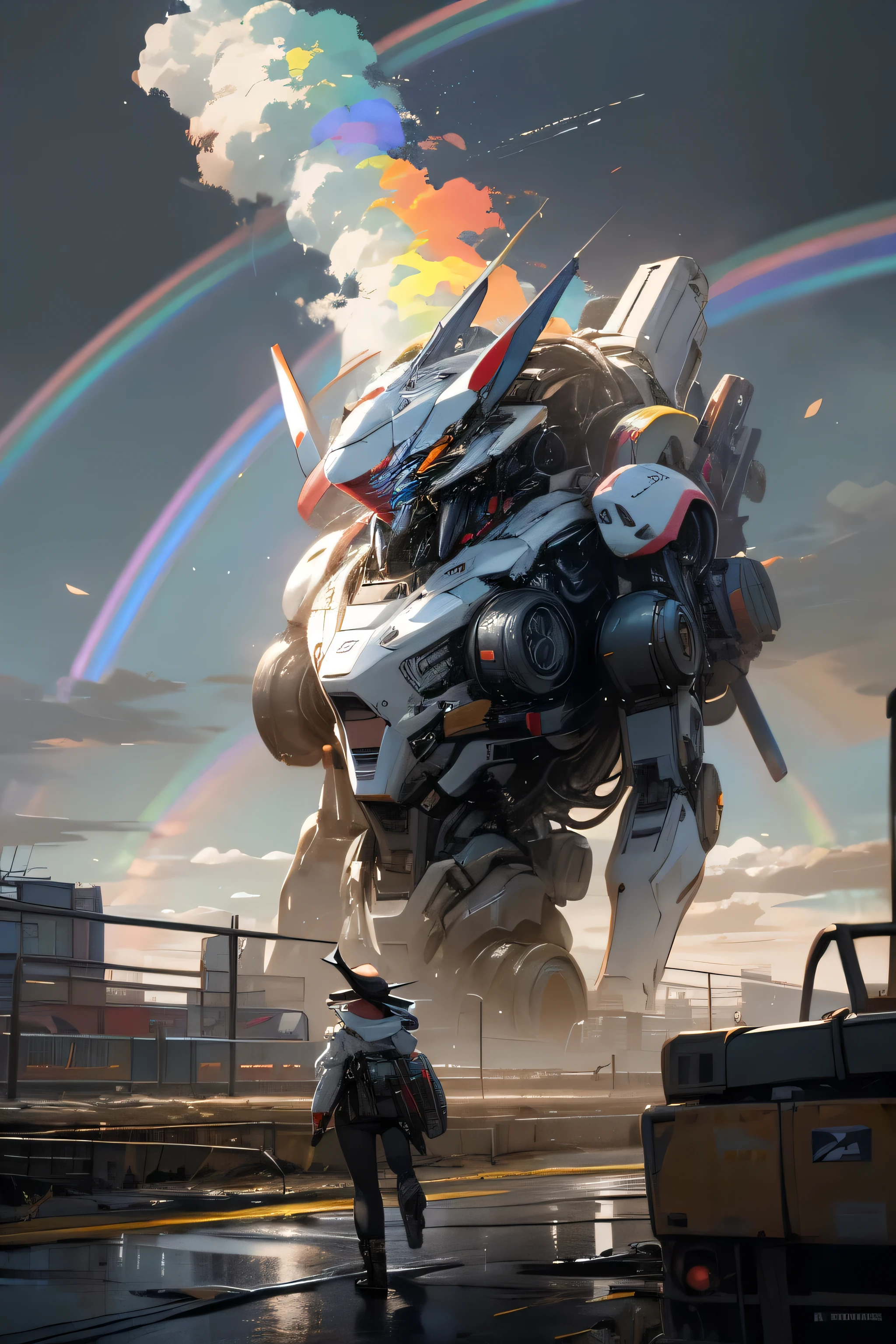 anime style, super fine illustration, highly detailed, dynamic angle, beautiful detailed, 8k, Rainbow over the meadow under the clowly on a battle day. BREAK Cute anthropomorphic Robot is sadly walking, under the rainbow. BREAK Robot in colorful harmonize with the rainbow, creating a beautiful scene.Break dystopia,Disillusioned,City,Landscape painting,Break MECA,droid,human_no,