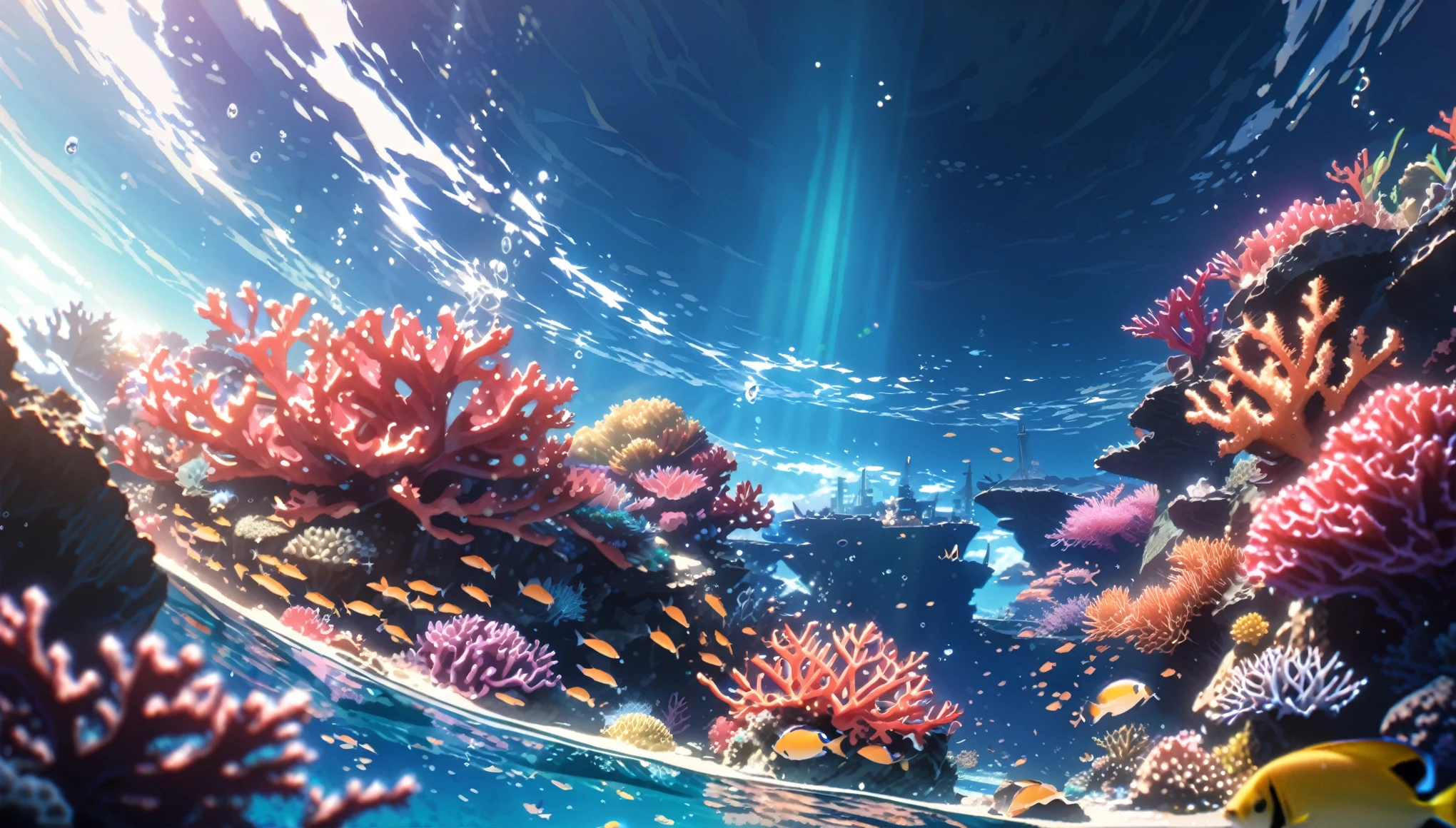 anime aestetics, anime scenery. underwater view. seascape, coral reef, view from above, huge light orange corals, purple corals, green corals at the backgroud, reef fish, depth of field, sparkle, ray tracing, reflection light, drop shadow, from above, wide shot, atmospheric perspective, perspective, highres, 8k, best quality, award winning, super detail, masterpiece