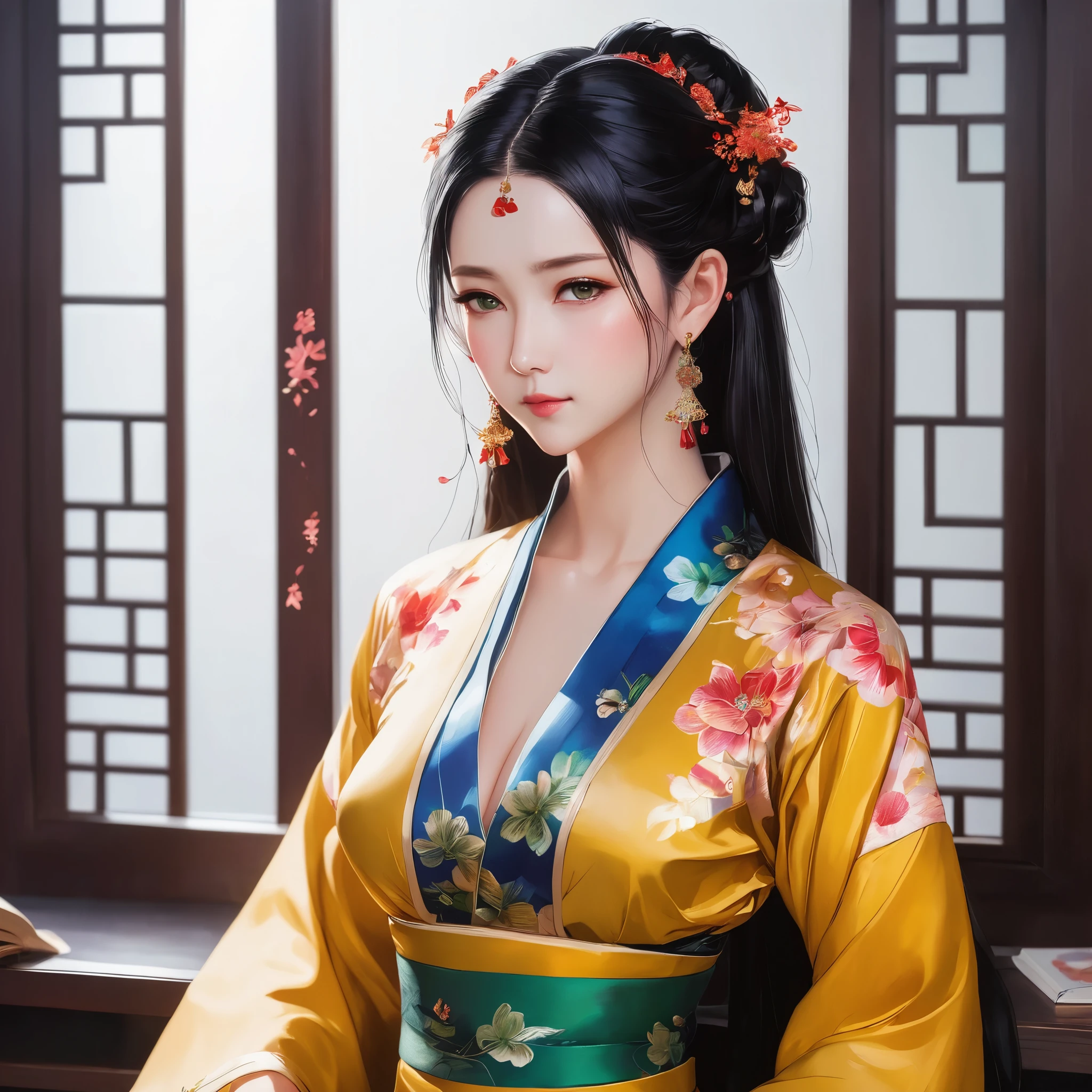 1girl, solo, long hair, breasts, looking at viewer, blush, bangs, large breasts, black hair, hair ornament, long sleeves, dress, bare shoulders, jewelry, green eyes, collarbone, upper body, braid, flower, earrings, parted lips, detached sleeves, indoors, hair flower, wide sleeves, book, single braid, chinese clothes, floral print, hair over shoulder, mirror, yellow dress, painting \(object\)