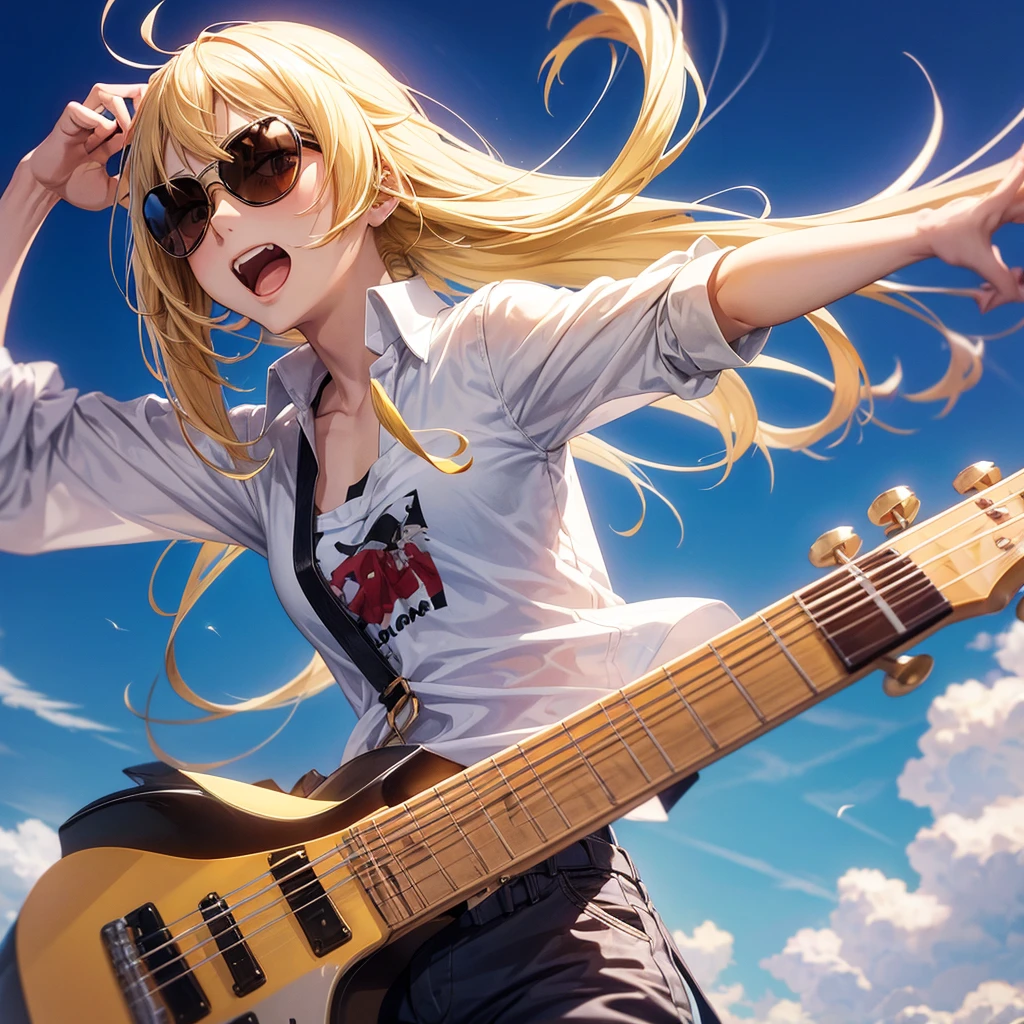 1 Anime Girl ( fly away, sunglasses, white undershirt, long blonde hair, body detailed), playing a guitar, stylish anime girl