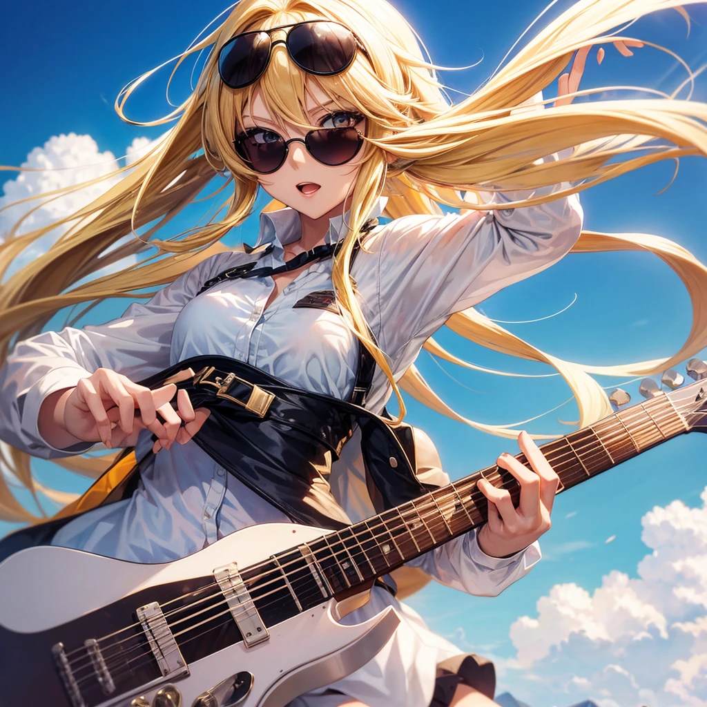 1 Anime Girl ( fly away, sunglasses, white undershirt, long blonde hair, body detailed), playing a guitar, stylish anime girl