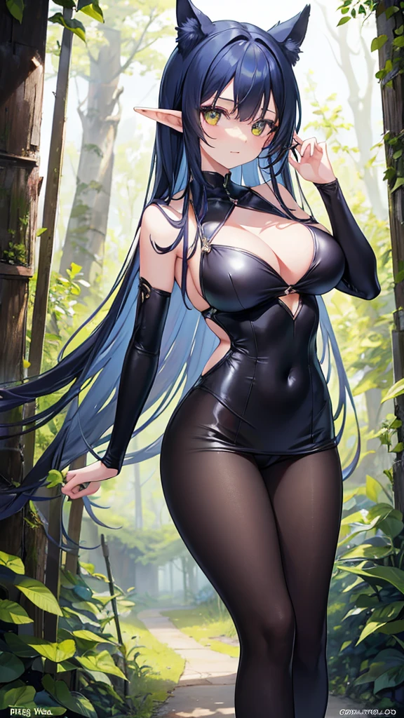 Skintight clothing, seductive pose, large breasts, skinny, Sexy, revealing outfit, Create a full-body shot of a female character with long, dark blue hair and a white streak on one side. She has large, expressive yellow eyes and pointed elf-like ears, and her expression should be one of surprise or curiosity. The background should be a forest setting with green trees and a natural ambiance, making the image suitable for an iPhone wallpaper