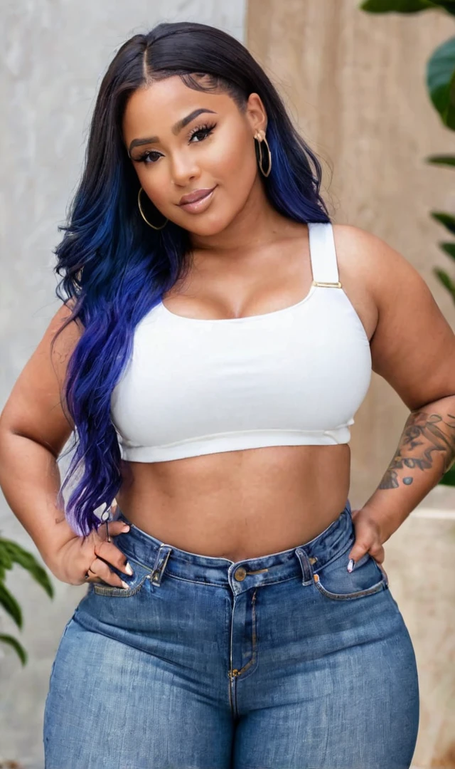 African american female figure, (black hair), (blue eyes), young adult, full lips,stunning features, Tapered Eyebrow style, Multi ear lobe piercing; helix; navel,Hourglass body shape,Thick thighs, full breast, Large glutes, small box braid hairstyle,hair jewelry, (full-body portrait), (Full length) wearing Mid drift graphic t-shirt, Ripped high waisted denim shorts, and Vans high top sneakers. Portrait takes place in a hotel Natural lighting