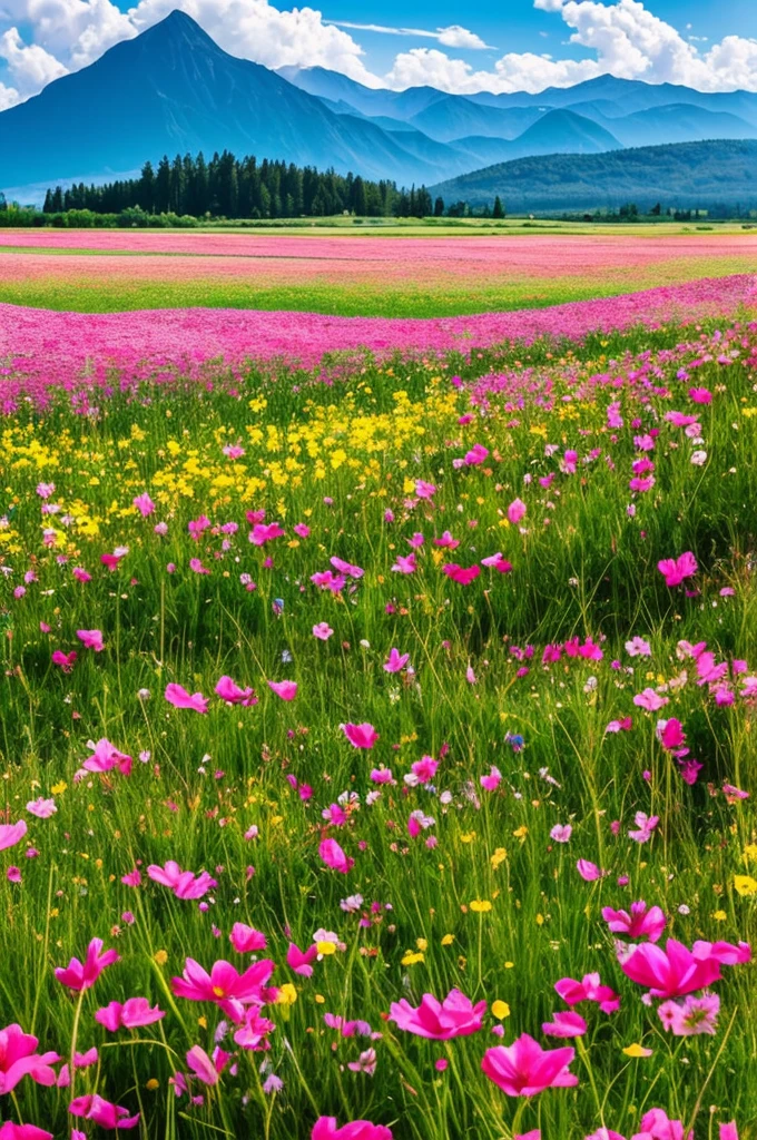 a close up of a field of flowers with mountains in the background, a tilt shift photo by Niko Henrichon, trending on unsplash, color field, fields of flowers, an aesthetic field of flowers, field of flowers, in a field of flowers, field of fantasy flowers, flower field, field of mixed flowers, field of wild flowers, flower meadow